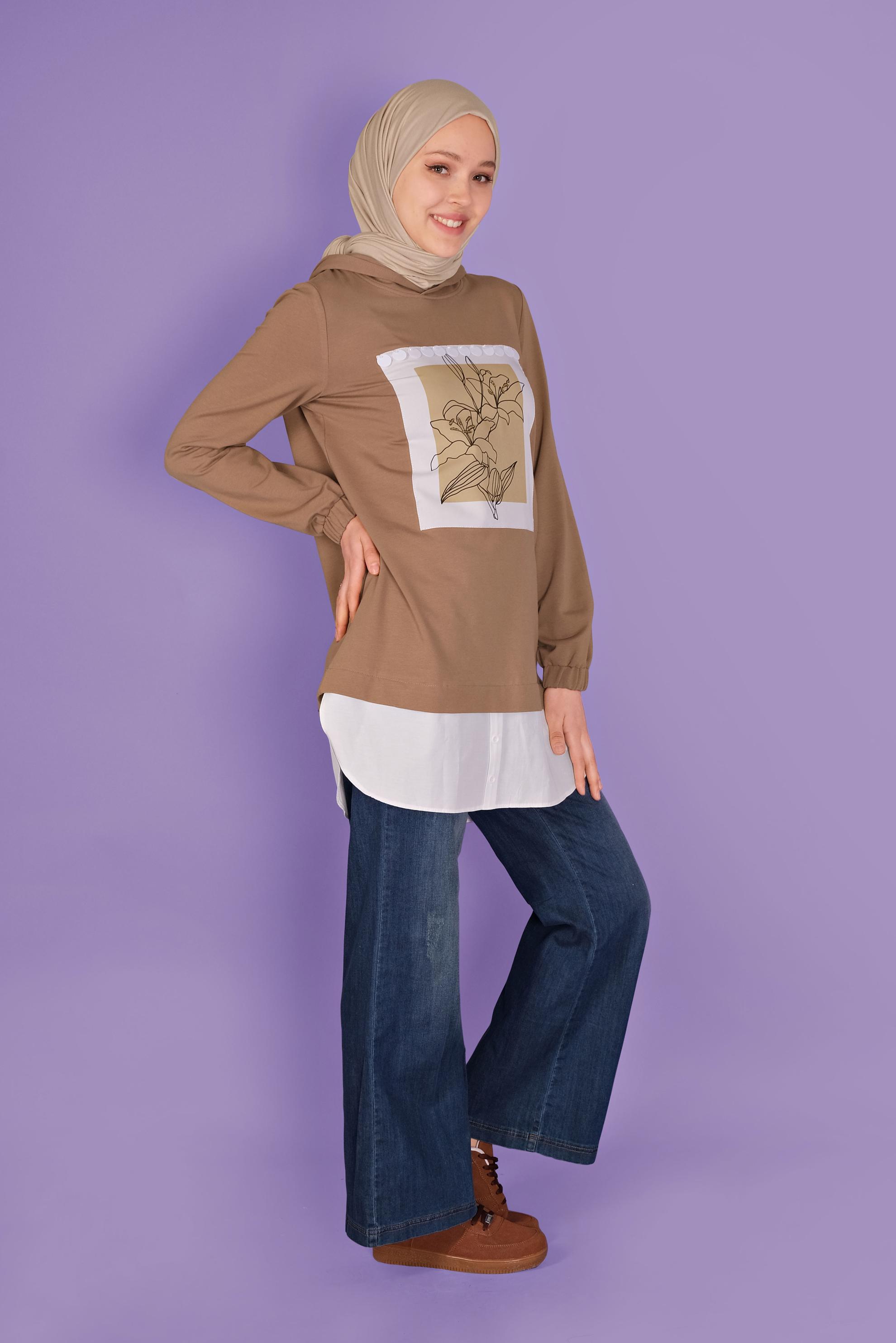 Tesettür giyim KAHVE ÇİÇEK BASKILI EŞOFMAN TUNİK  41414 