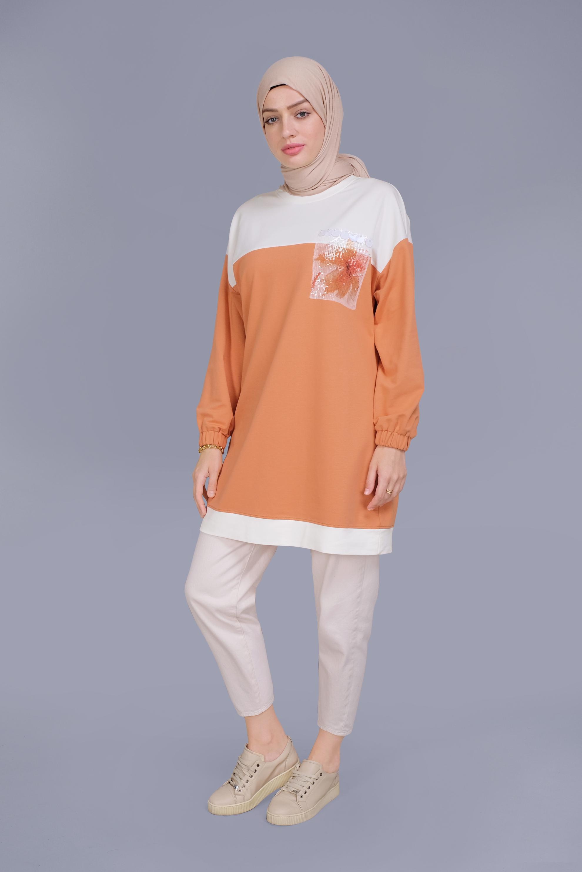 Tesettür giyim TURUNCU PUL İŞLEMELİ EŞOFMAN TUNİK 41416