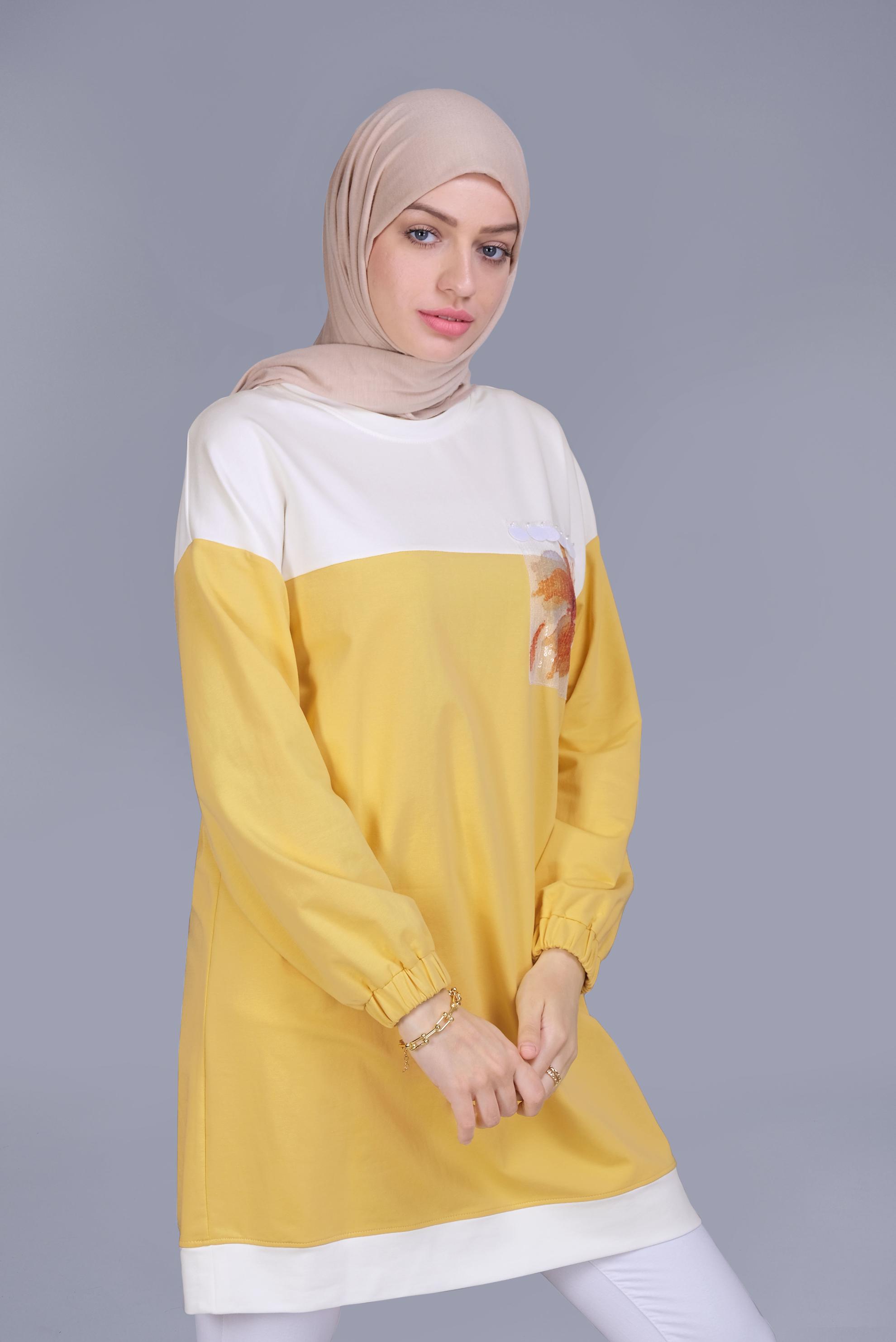 Tesettür giyim SARI PUL İŞLEMELİ EŞOFMAN TUNİK 41416