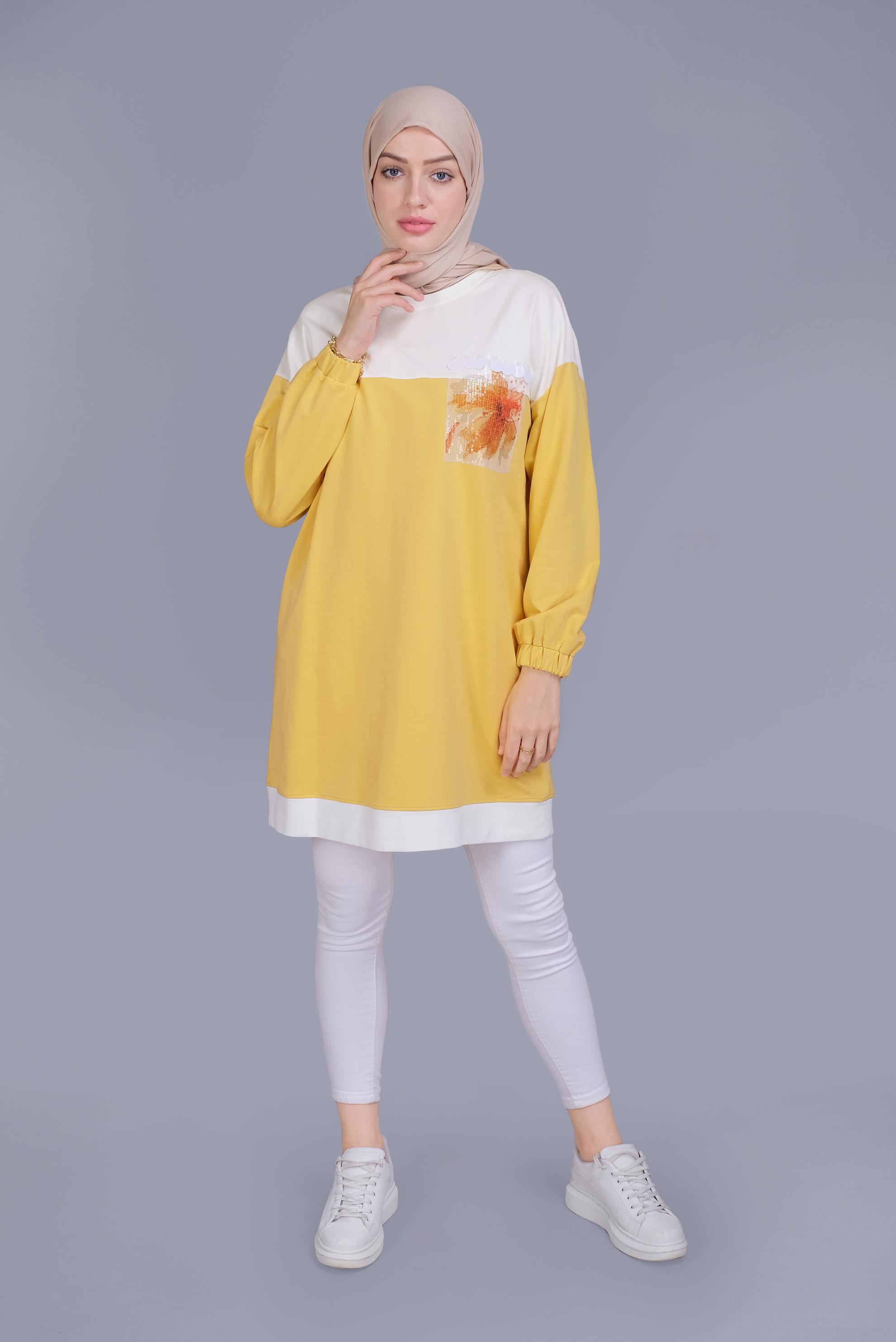 Tesettür giyim SARI PUL İŞLEMELİ EŞOFMAN TUNİK 41416