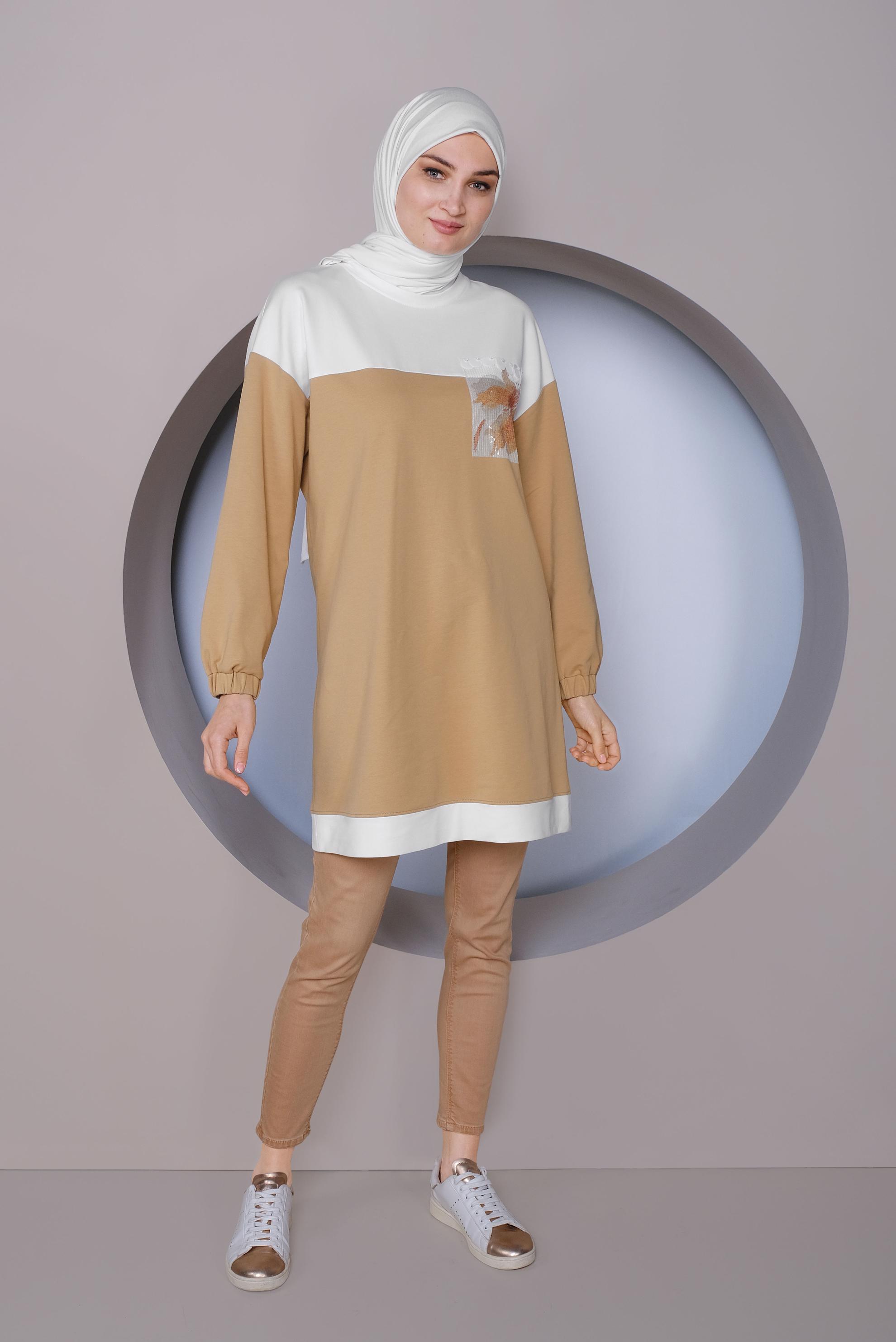 Tesettür giyim KAHVE PUL İŞLEMELİ EŞOFMAN TUNİK 41416