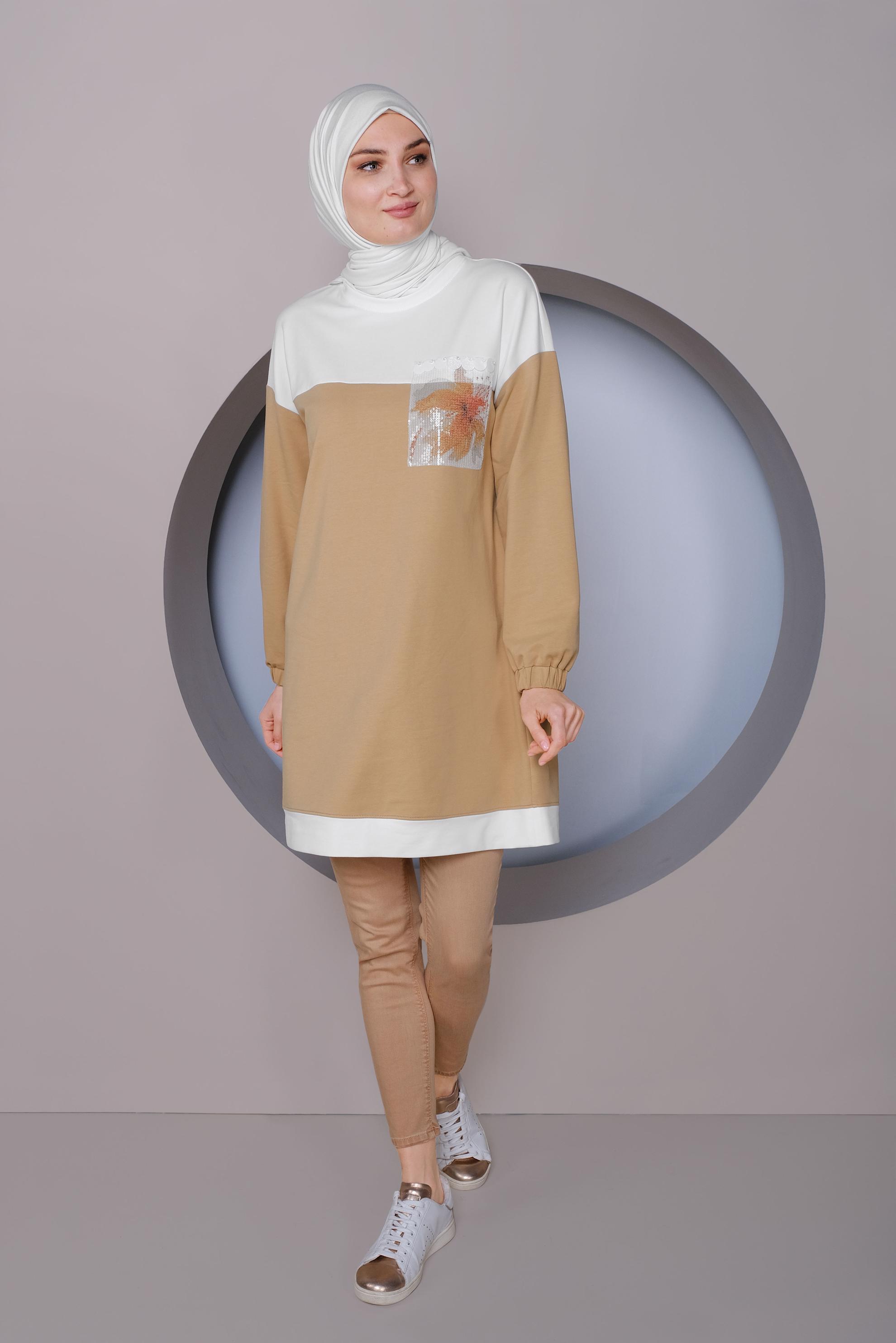 Tesettür giyim KAHVE PUL İŞLEMELİ EŞOFMAN TUNİK 41416