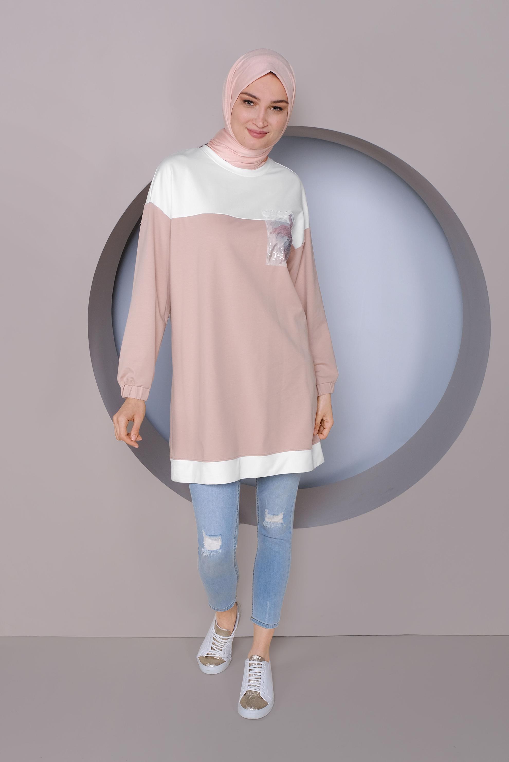 Tesettür giyim PUDRA PUL İŞLEMELİ EŞOFMAN TUNİK 41416
