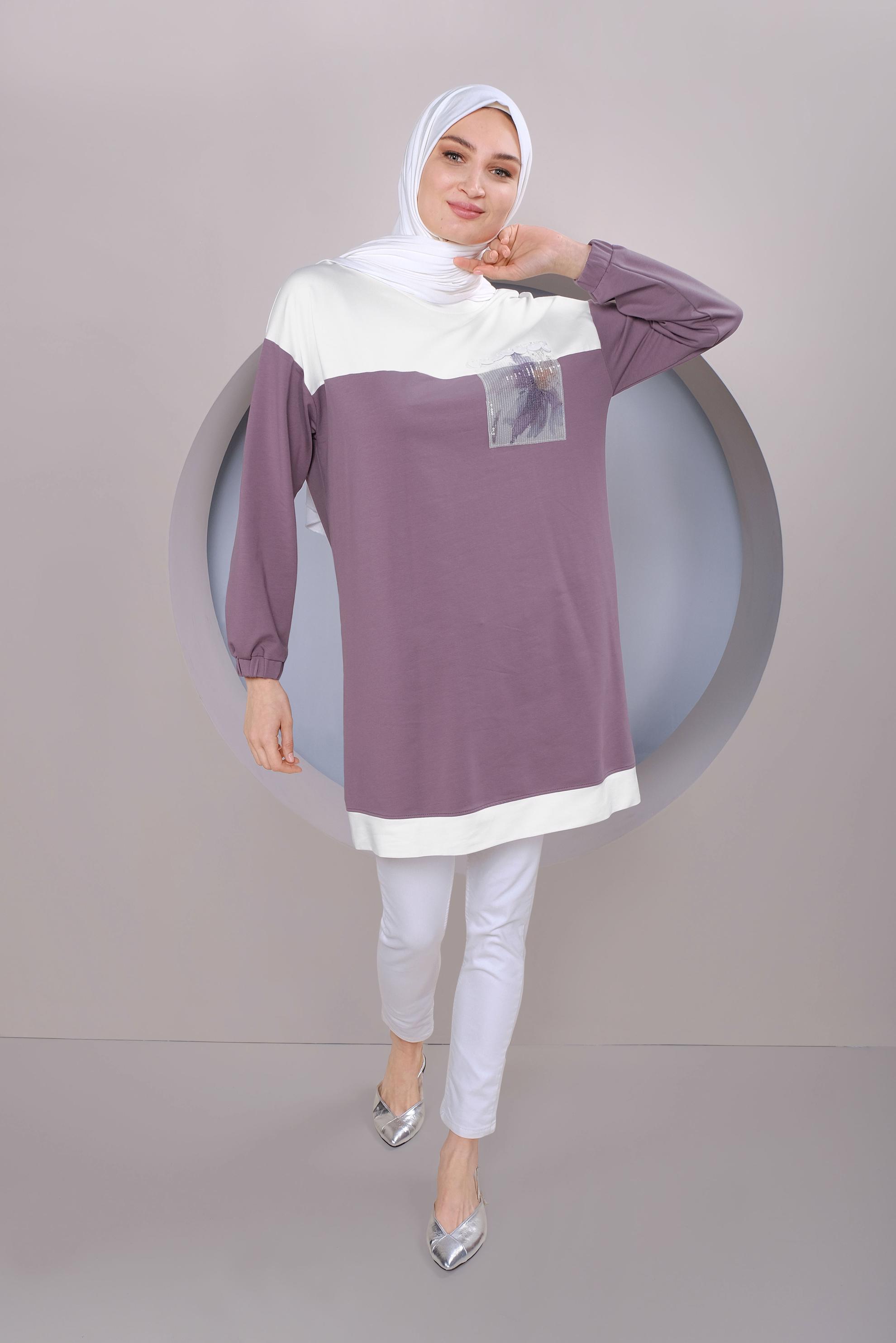 Tesettür giyim MOR PUL İŞLEMELİ EŞOFMAN TUNİK 41416