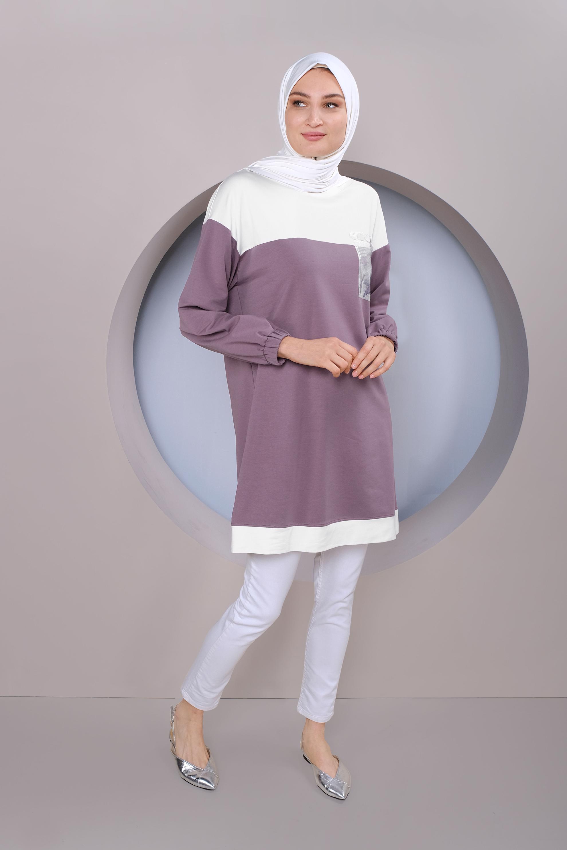 Tesettür giyim MOR PUL İŞLEMELİ EŞOFMAN TUNİK 41416