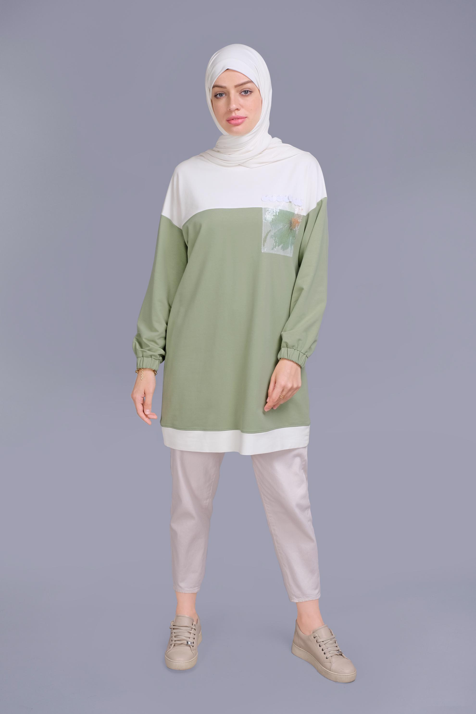 Tesettür giyim YEŞİL PUL İŞLEMELİ EŞOFMAN TUNİK 41416