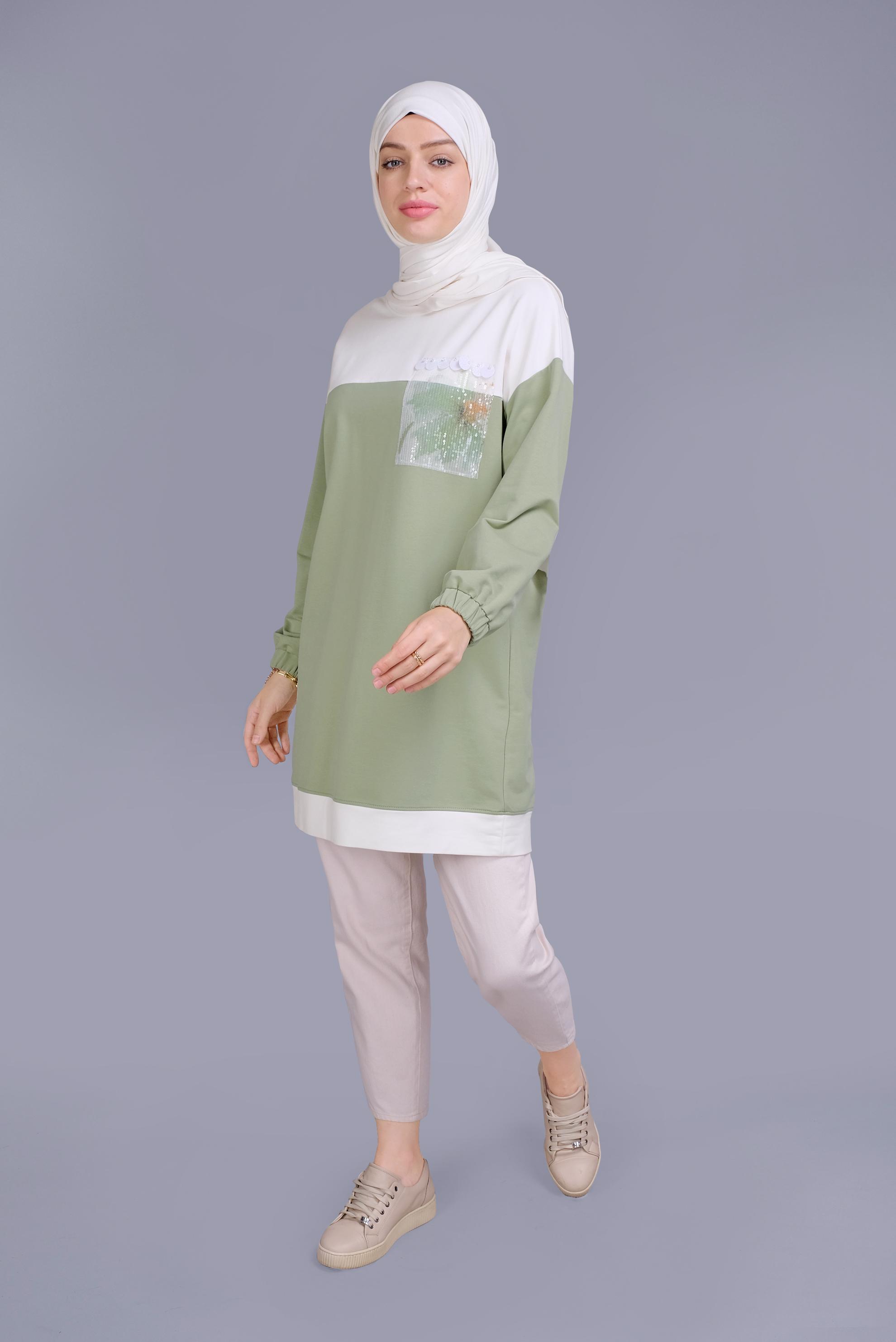 Tesettür giyim YEŞİL PUL İŞLEMELİ EŞOFMAN TUNİK 41416