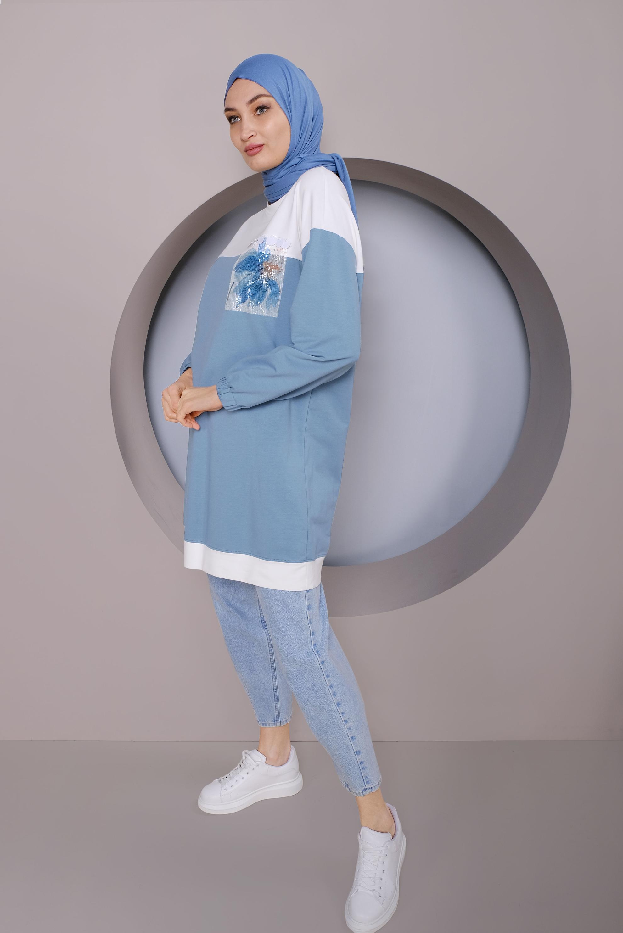 Tesettür giyim MAVİ PUL İŞLEMELİ EŞOFMAN TUNİK 41416