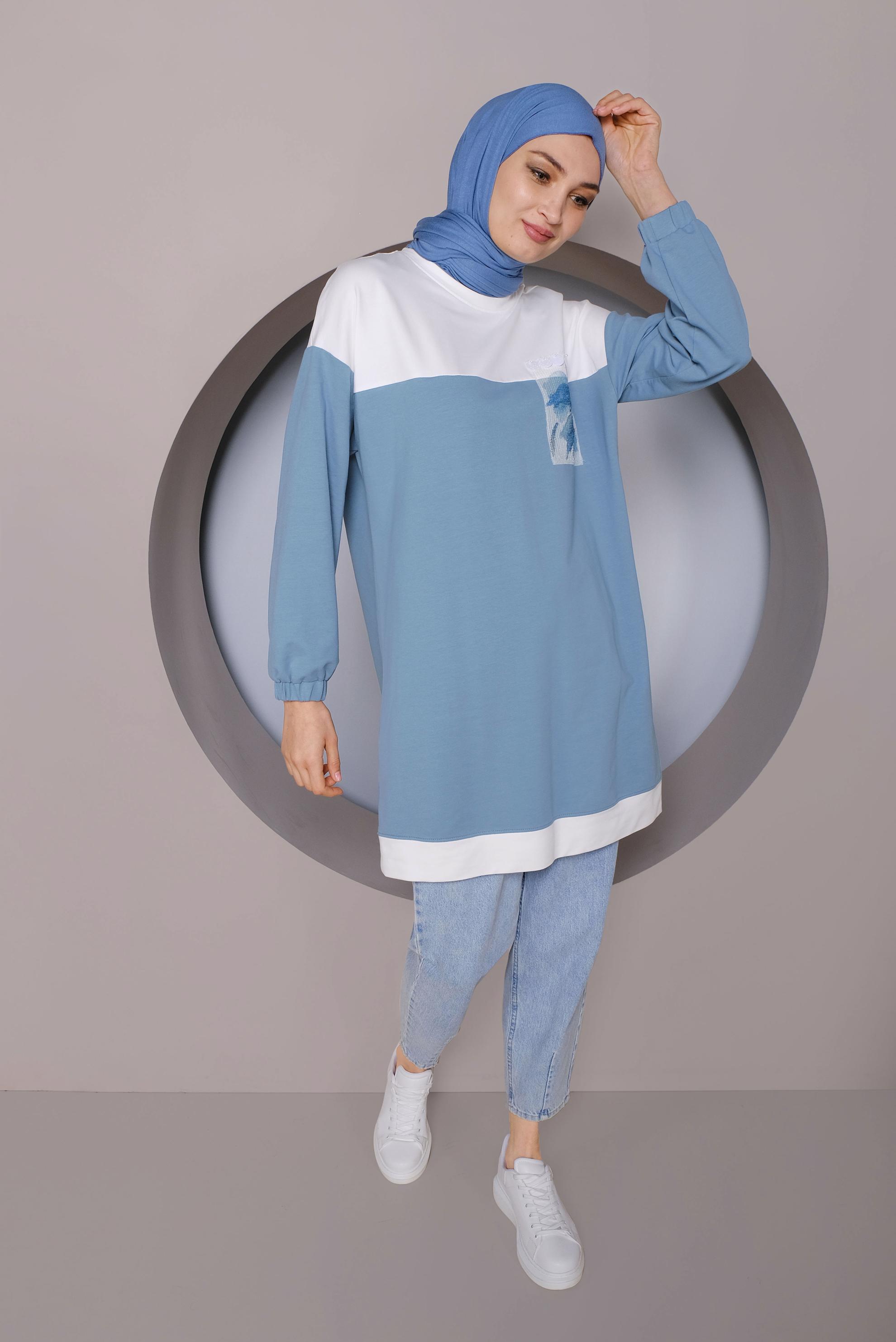 Tesettür giyim MAVİ PUL İŞLEMELİ EŞOFMAN TUNİK 41416