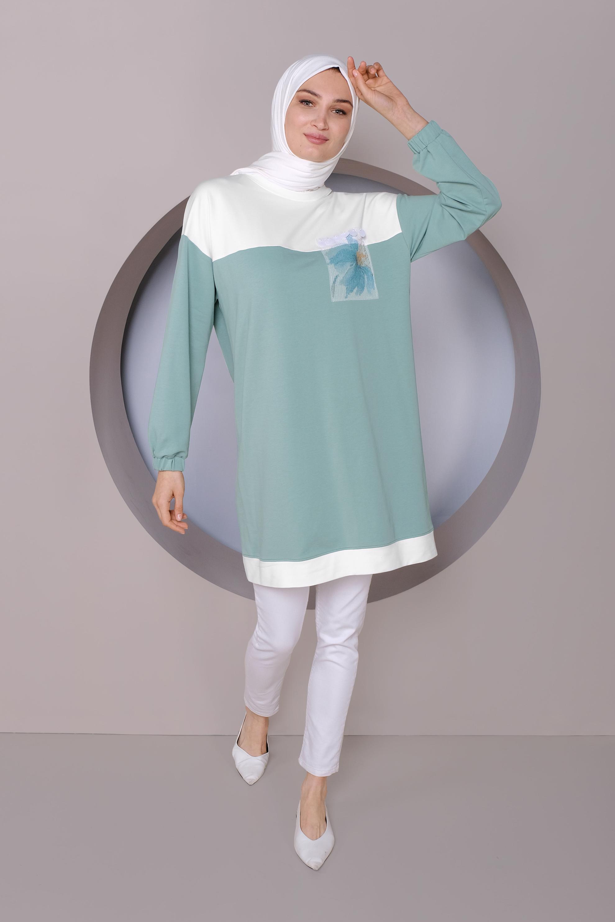 Tesettür giyim YEŞİL PUL İŞLEMELİ EŞOFMAN TUNİK 41416