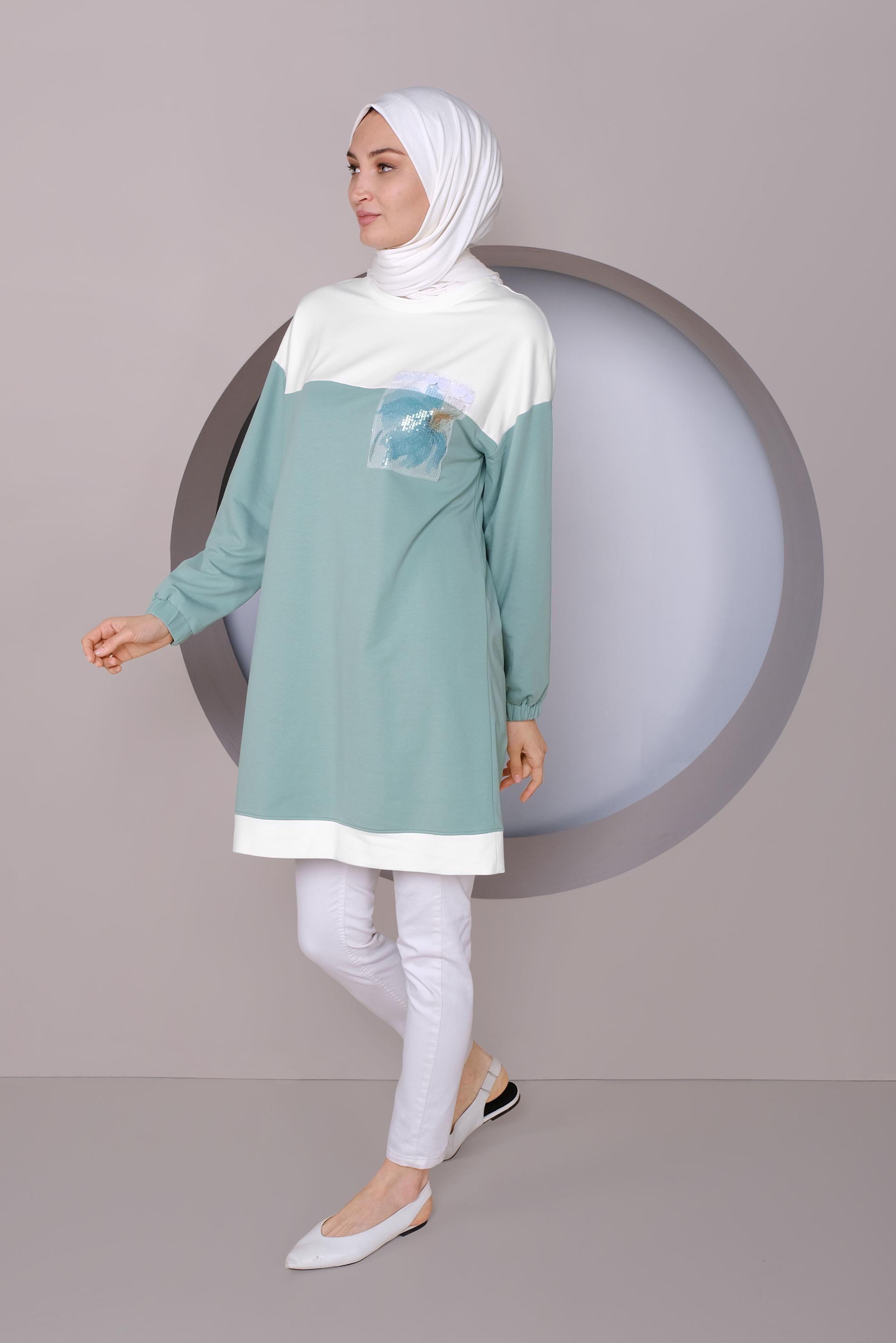 Tesettür giyim YEŞİL PUL İŞLEMELİ EŞOFMAN TUNİK 41416