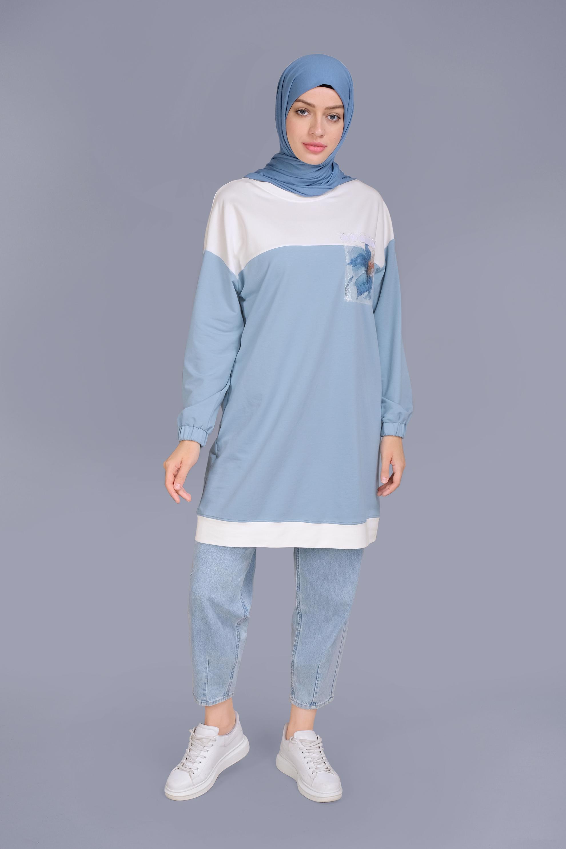 Tesettür giyim MAVİ PUL İŞLEMELİ EŞOFMAN TUNİK 41416