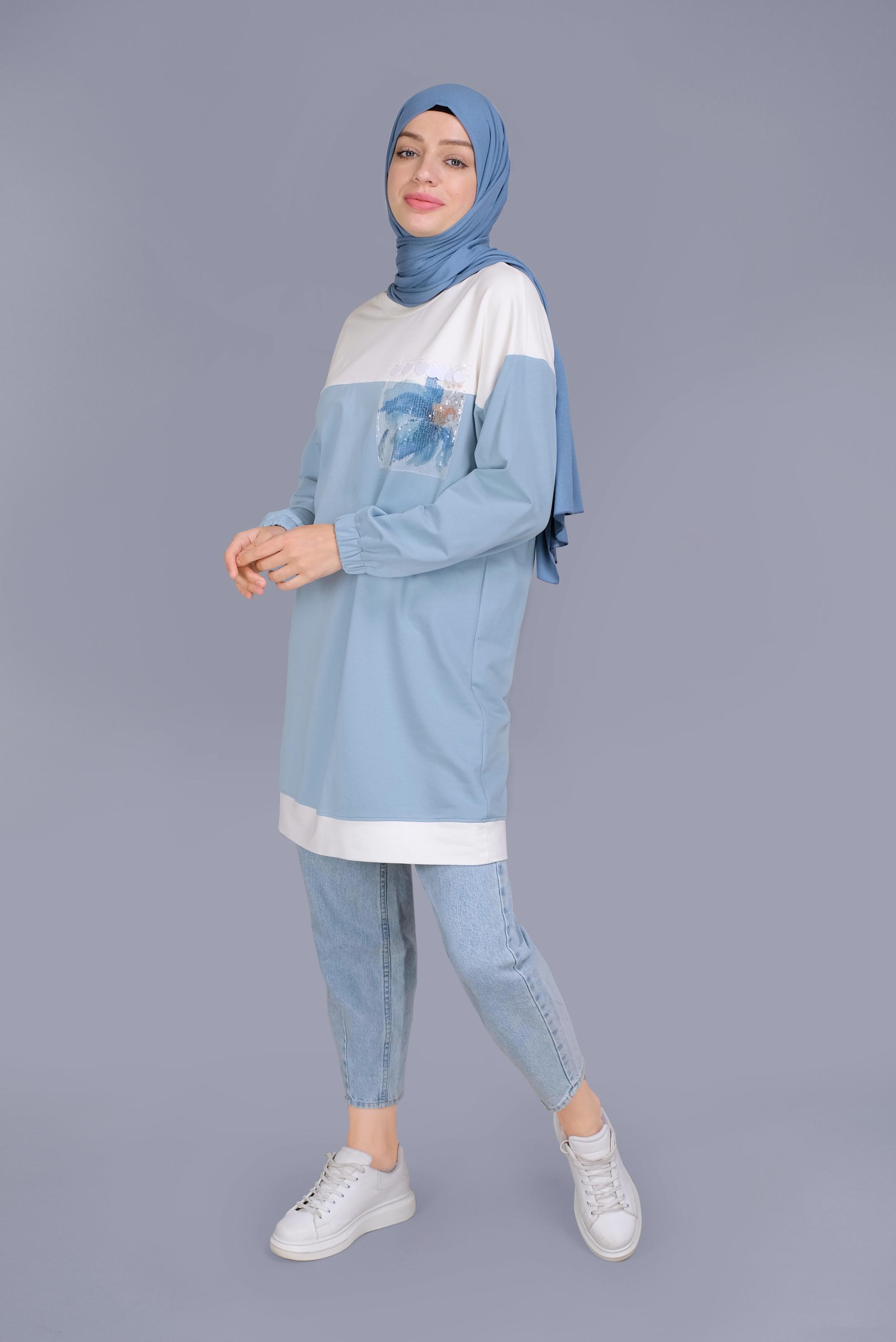 Tesettür giyim MAVİ PUL İŞLEMELİ EŞOFMAN TUNİK 41416