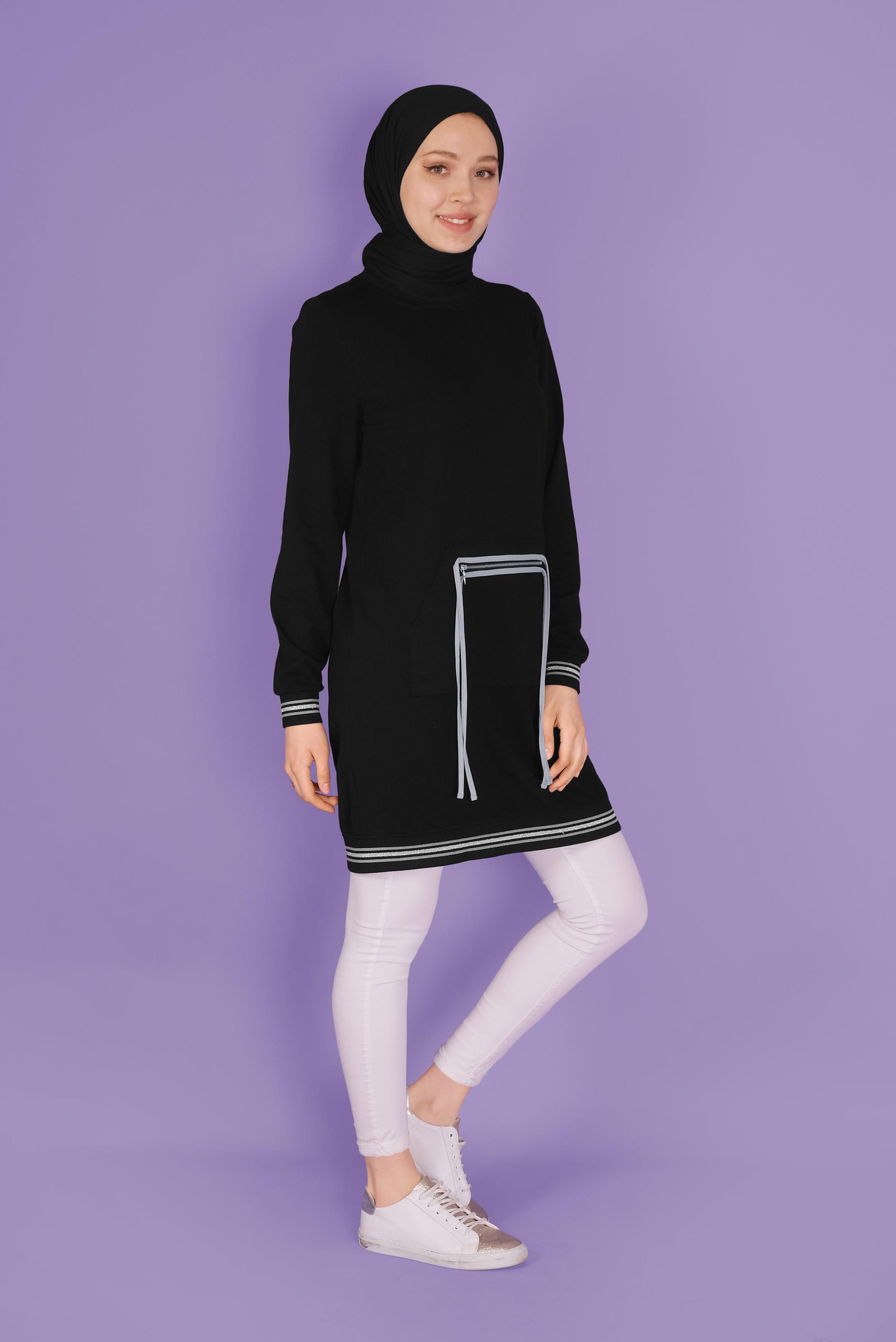 Tesettür giyim SİYAH FERMUARLI BAĞCIKLI EŞOFMAN TUNİK 41431 