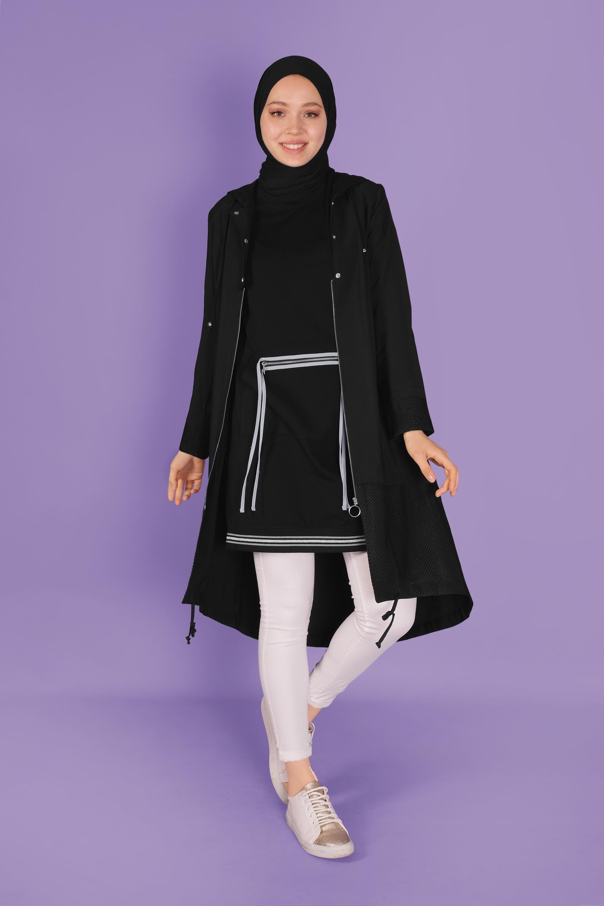 Tesettür giyim SİYAH FERMUARLI BAĞCIKLI EŞOFMAN TUNİK 41431 