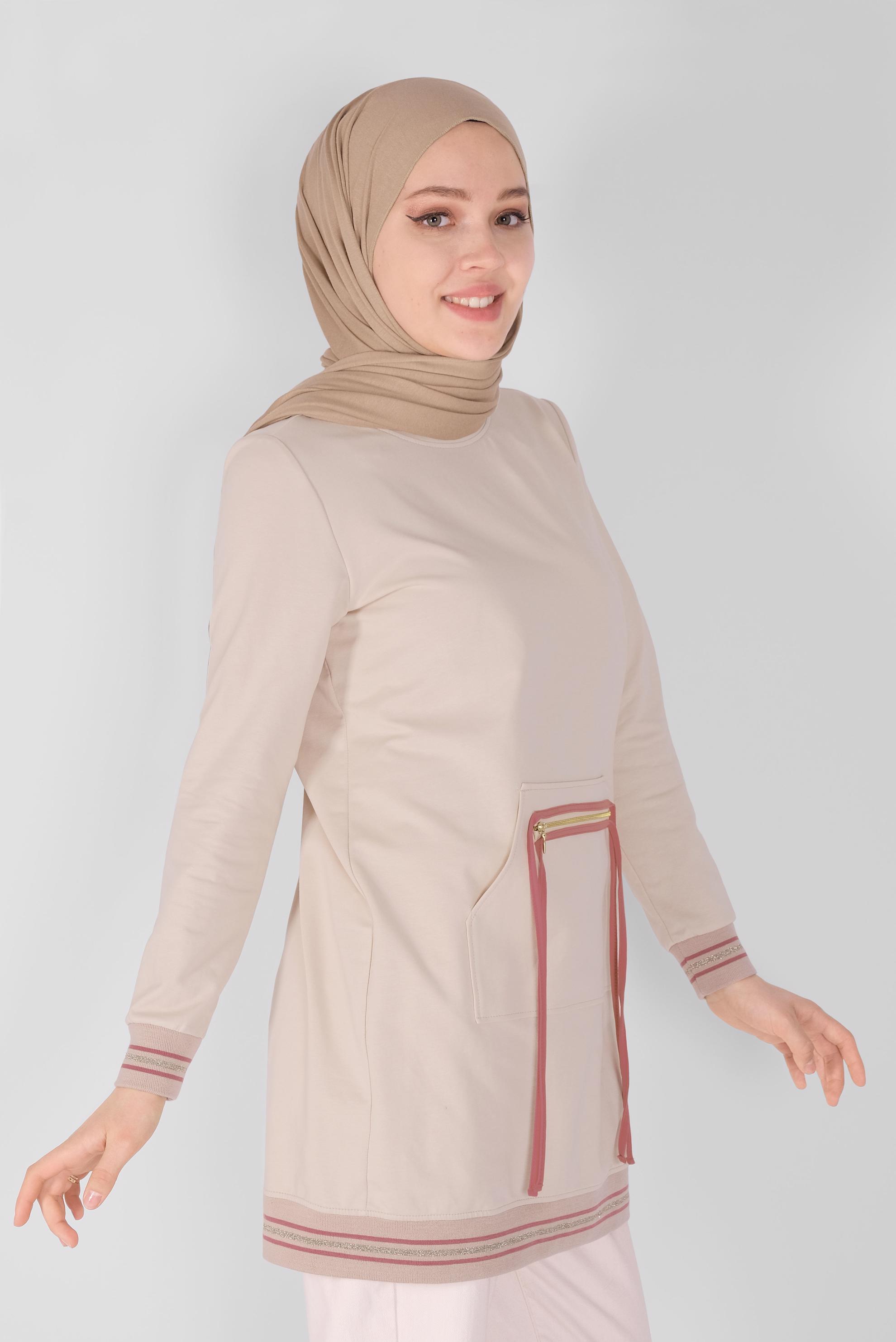 Tesettür giyim BEJ FERMUARLI BAĞCIKLI EŞOFMAN TUNİK 41431 