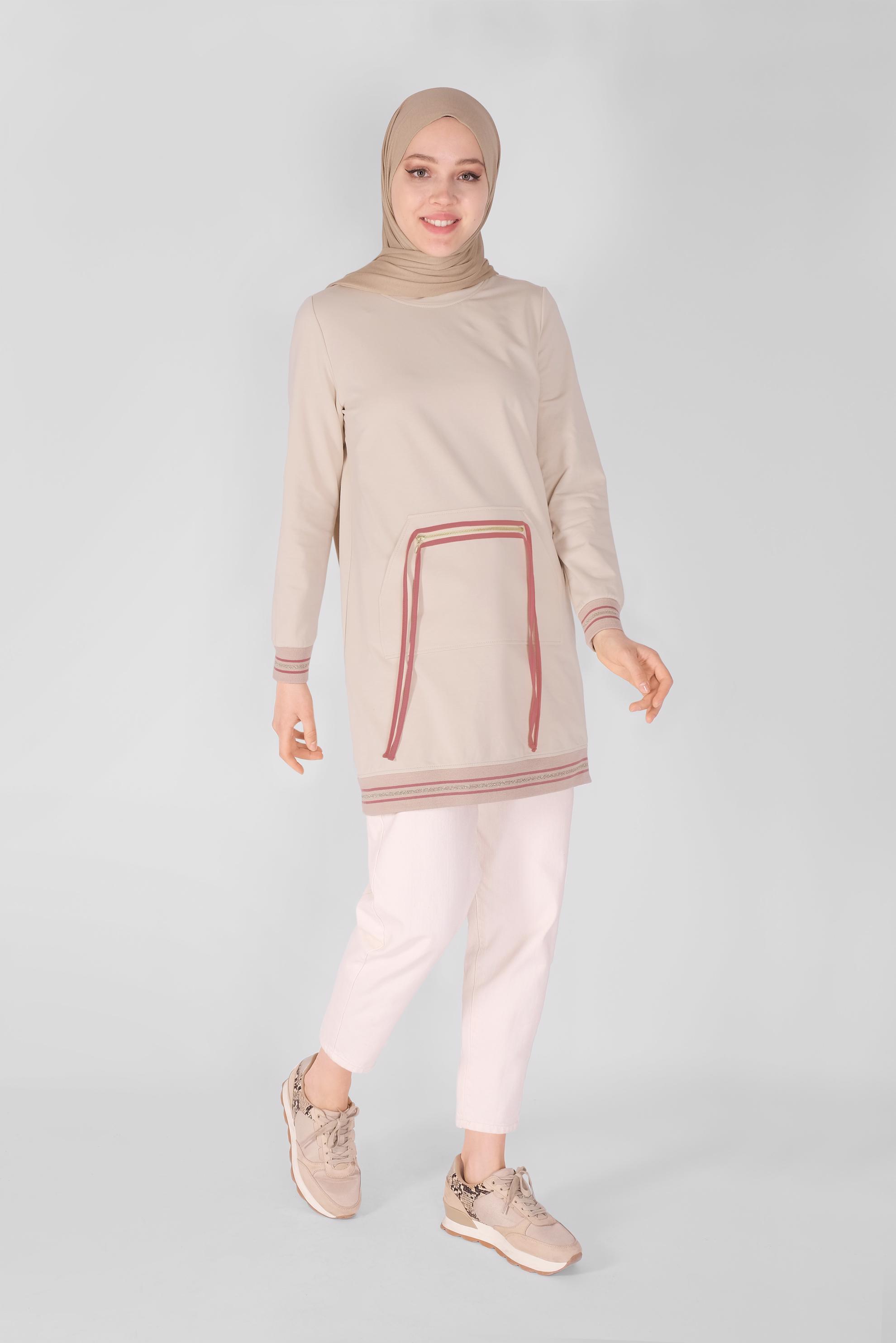 Tesettür giyim BEJ FERMUARLI BAĞCIKLI EŞOFMAN TUNİK 41431 