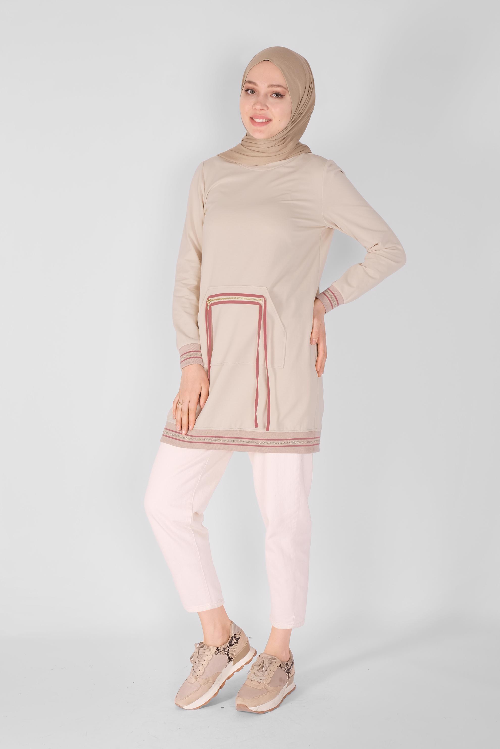 Tesettür giyim BEJ FERMUARLI BAĞCIKLI EŞOFMAN TUNİK 41431 