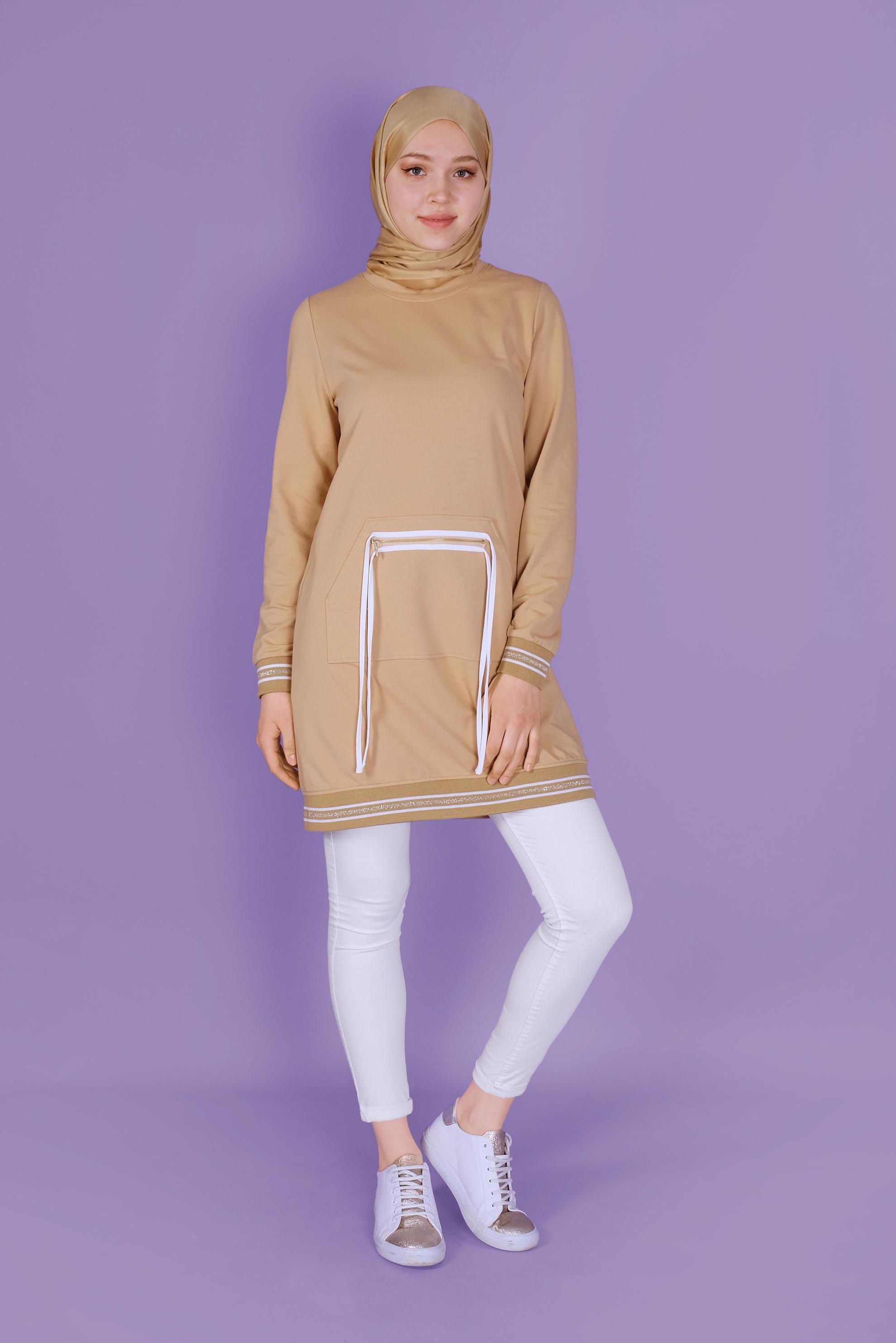 Tesettür giyim KAHVE FERMUARLI BAĞCIKLI EŞOFMAN TUNİK 41431 