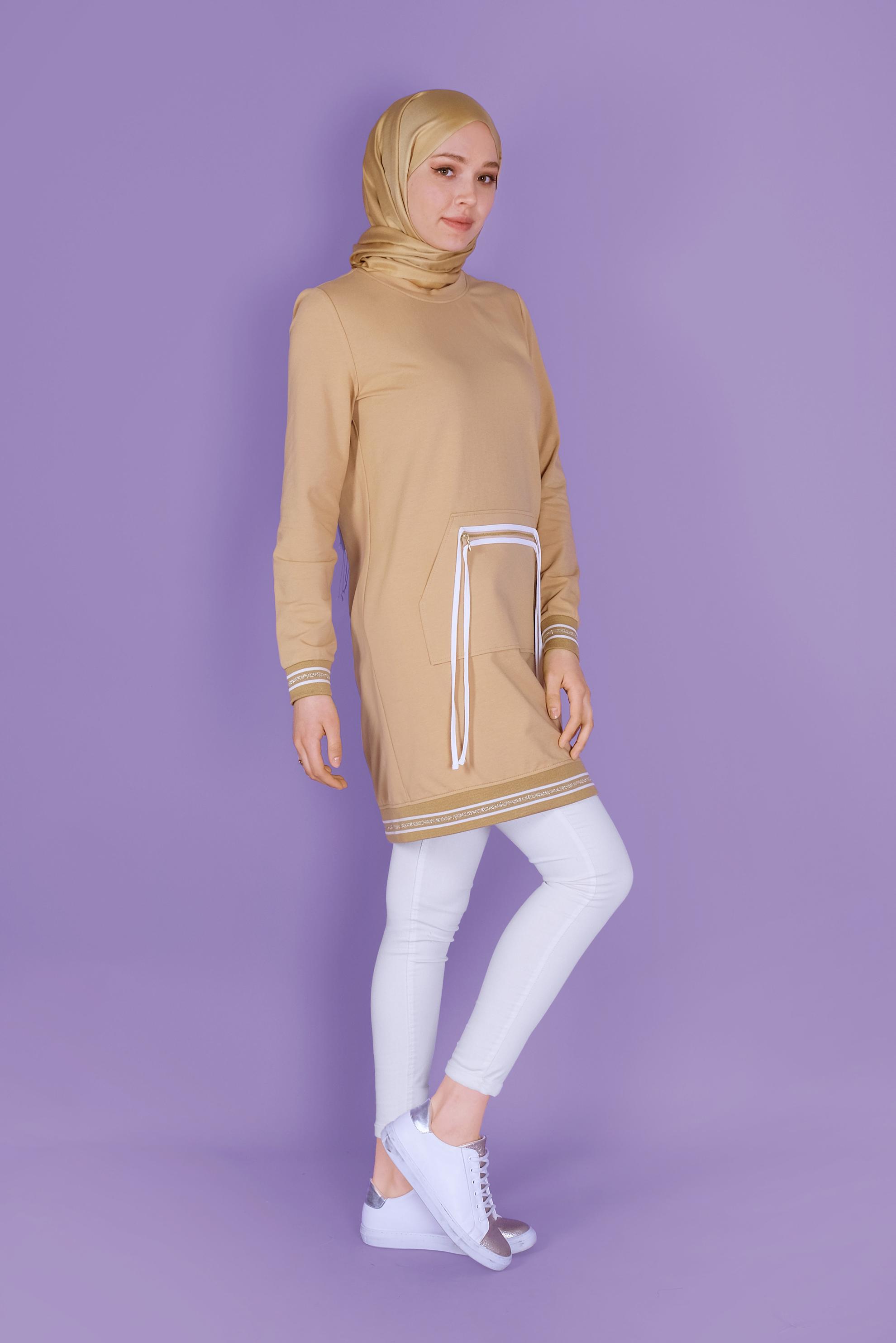 Tesettür giyim KAHVE FERMUARLI BAĞCIKLI EŞOFMAN TUNİK 41431 