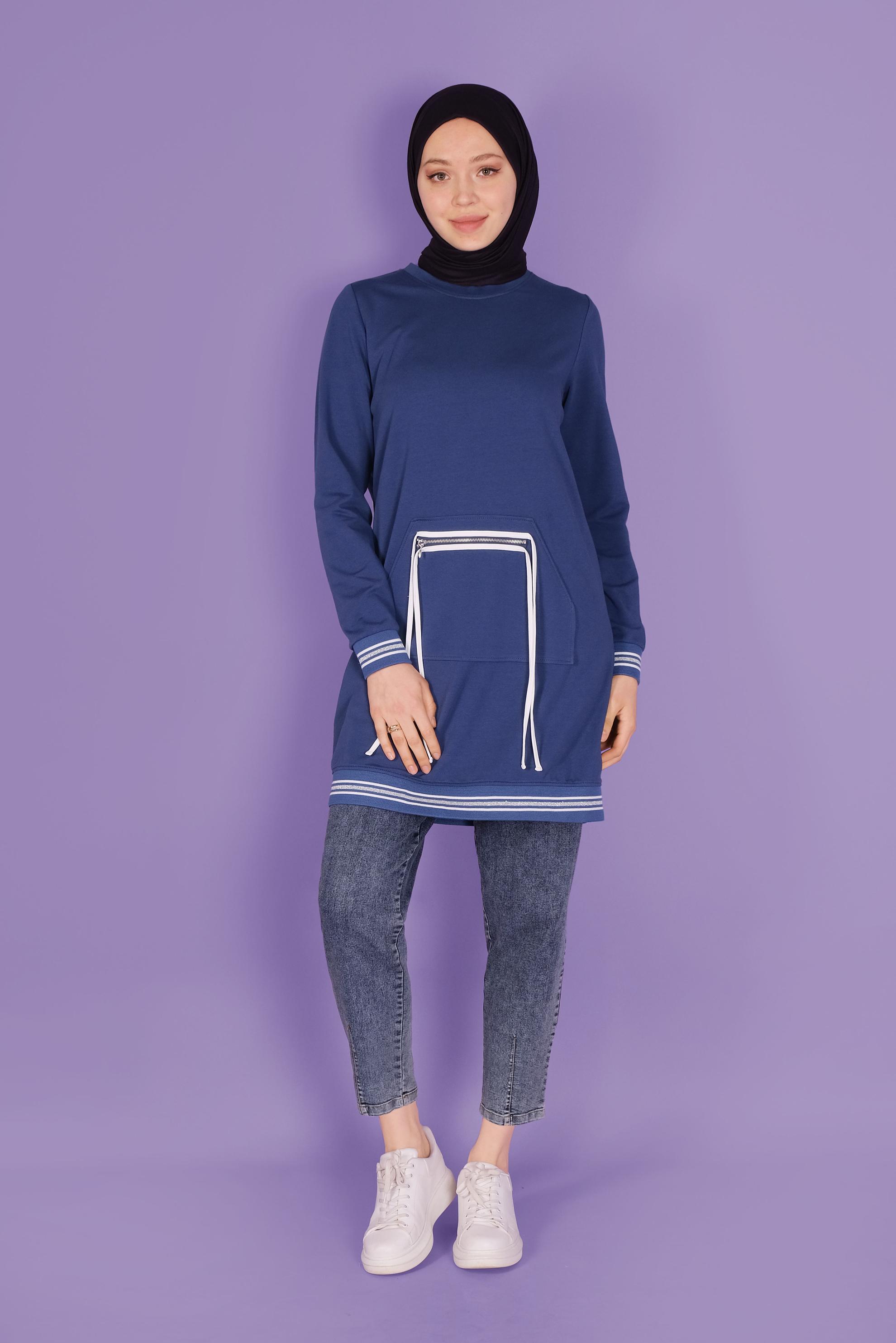 Tesettür giyim LACİVERT FERMUARLI BAĞCIKLI EŞOFMAN TUNİK 41431 