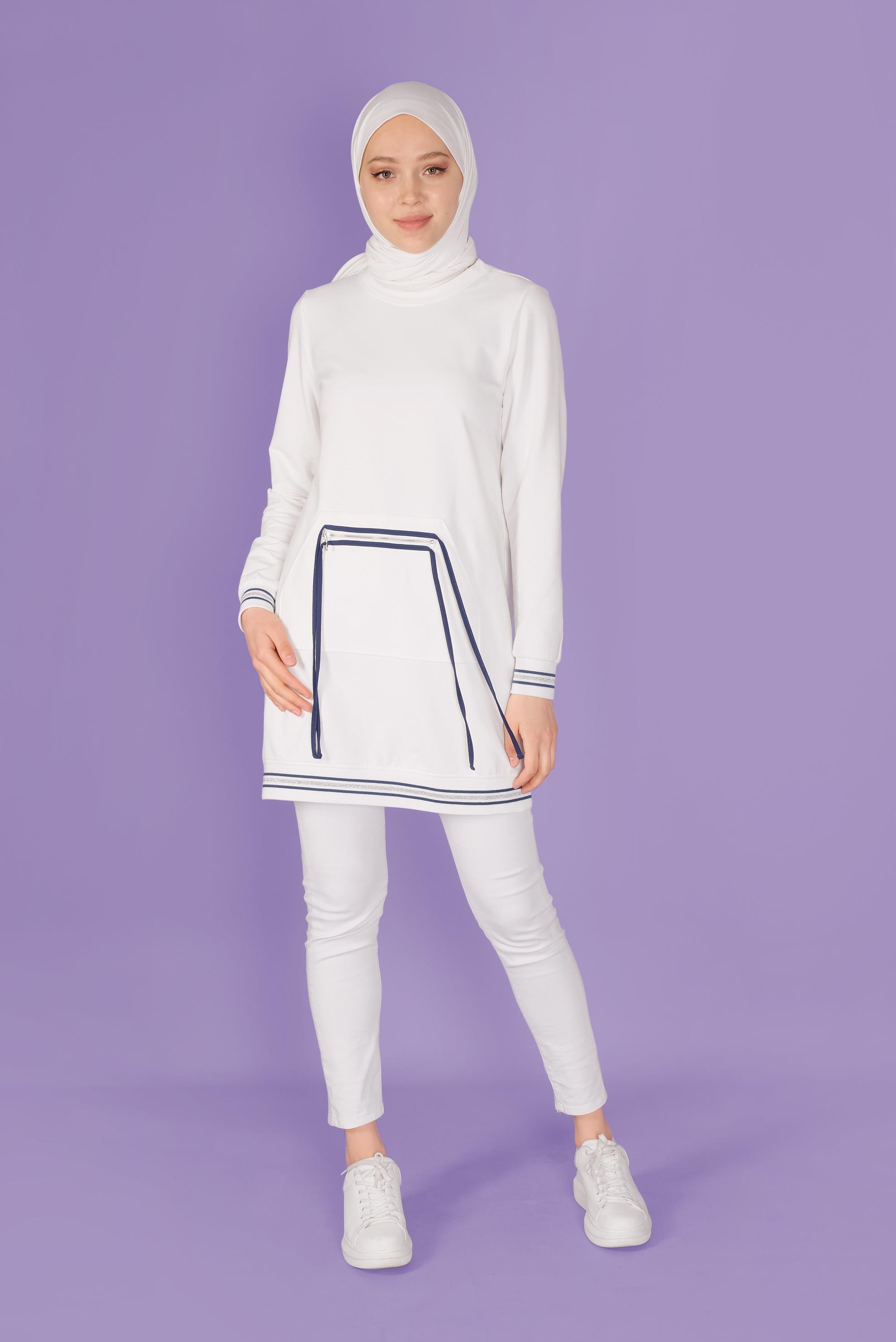 Tesettür giyim BEJ FERMUARLI BAĞCIKLI EŞOFMAN TUNİK 41431 