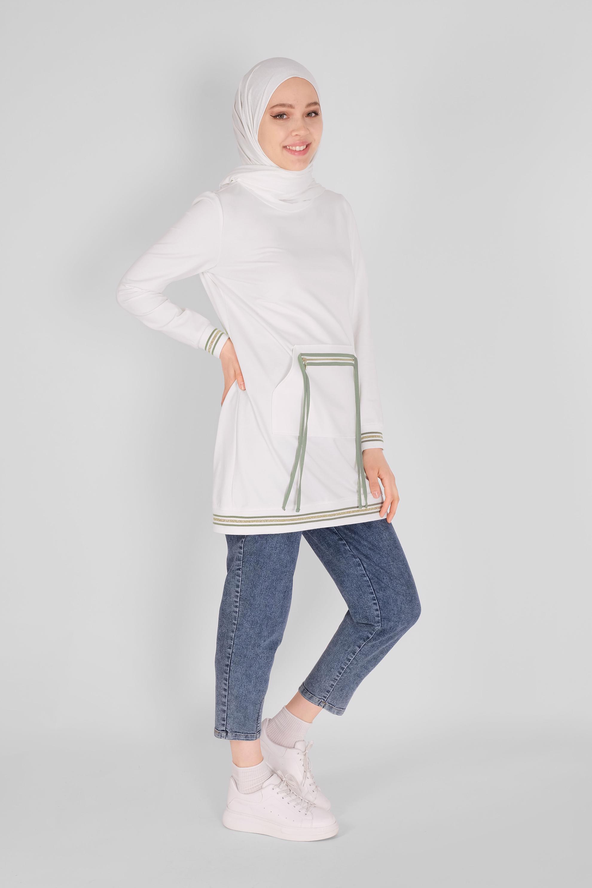 Tesettür giyim BEYAZ FERMUARLI BAĞCIKLI EŞOFMAN TUNİK 41431 