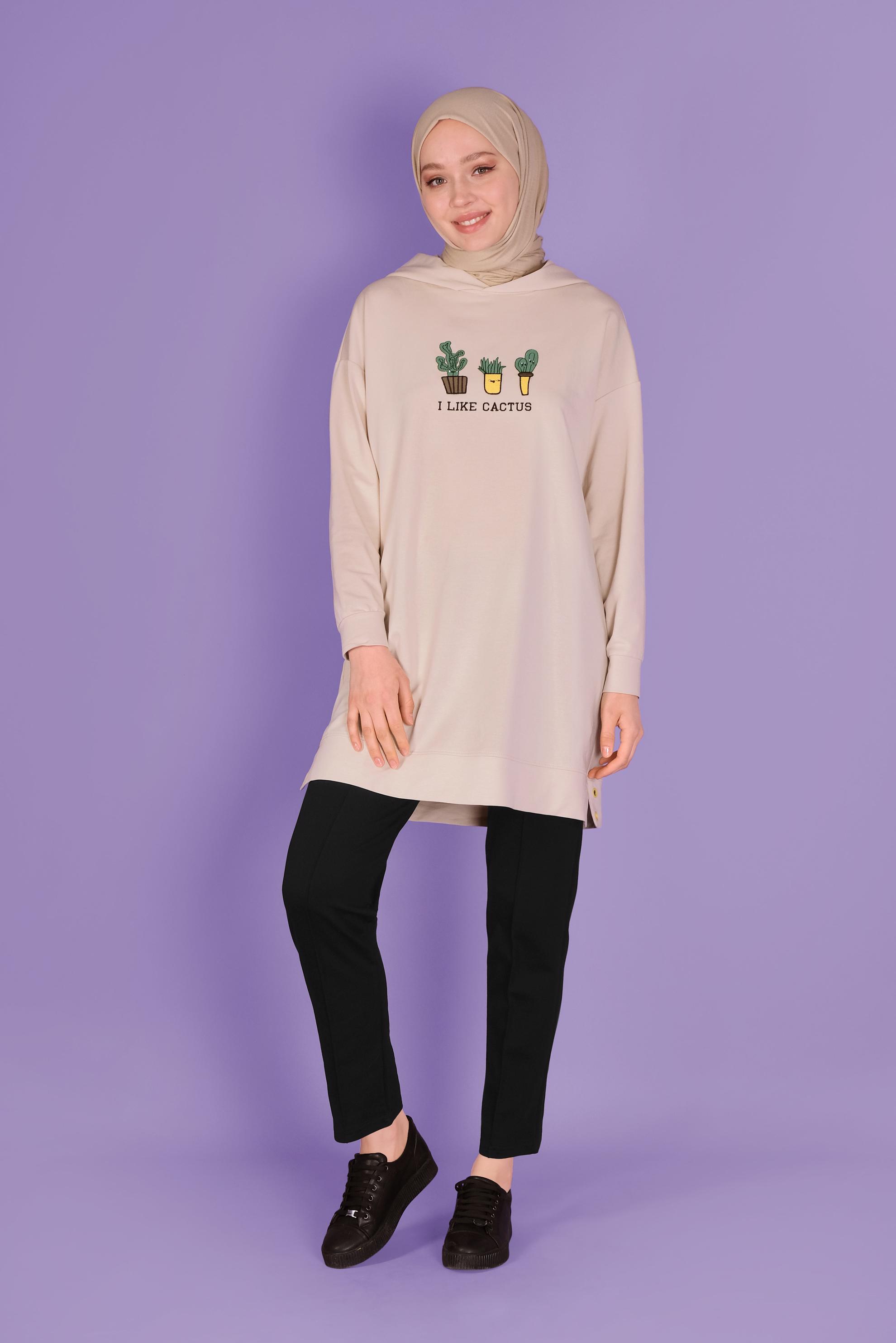 Tesettür giyim BEJ NAKIŞLI  EŞOFMAN TUNİK 41432 