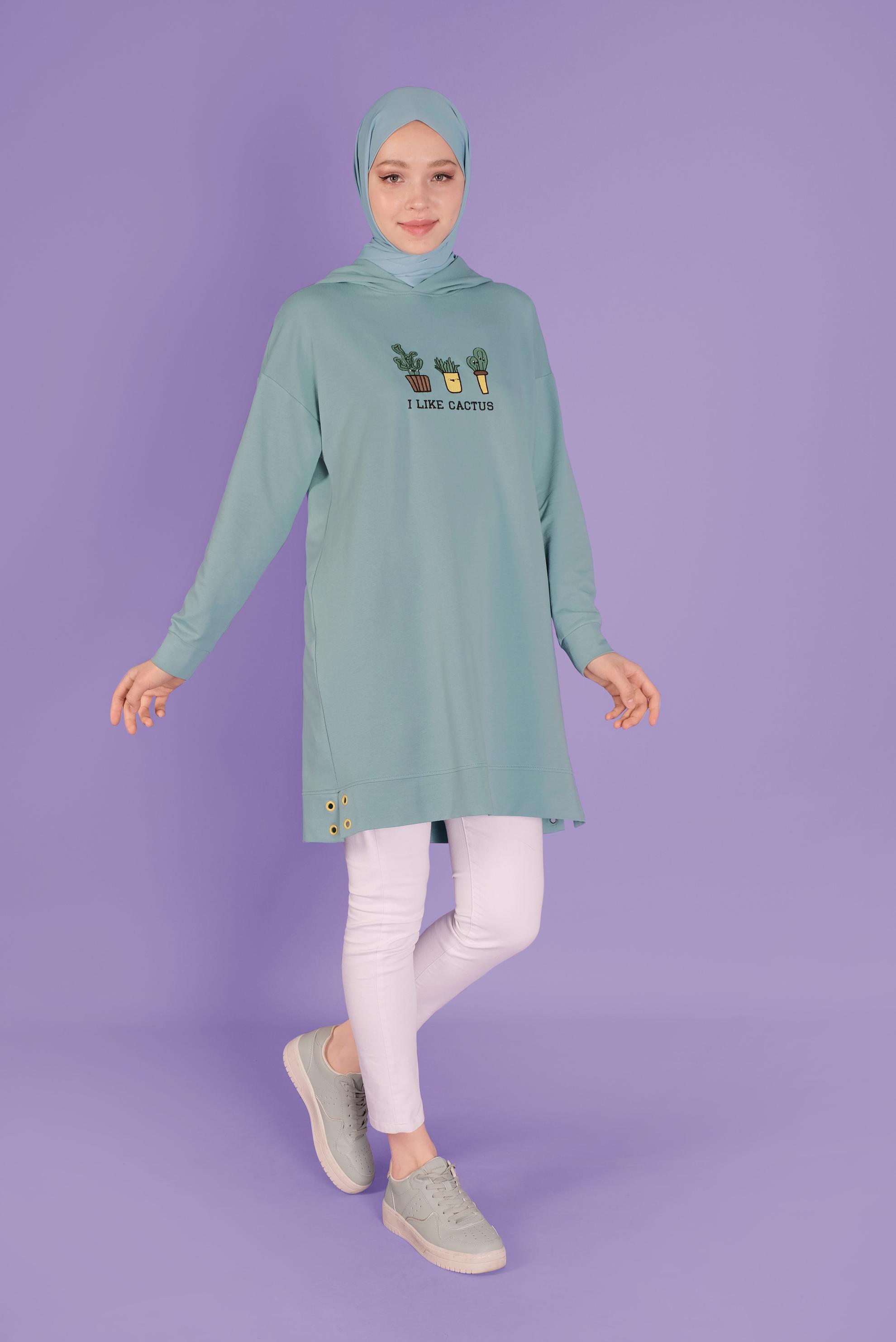 Tesettür giyim YEŞİL NAKIŞLI  EŞOFMAN TUNİK 41432 