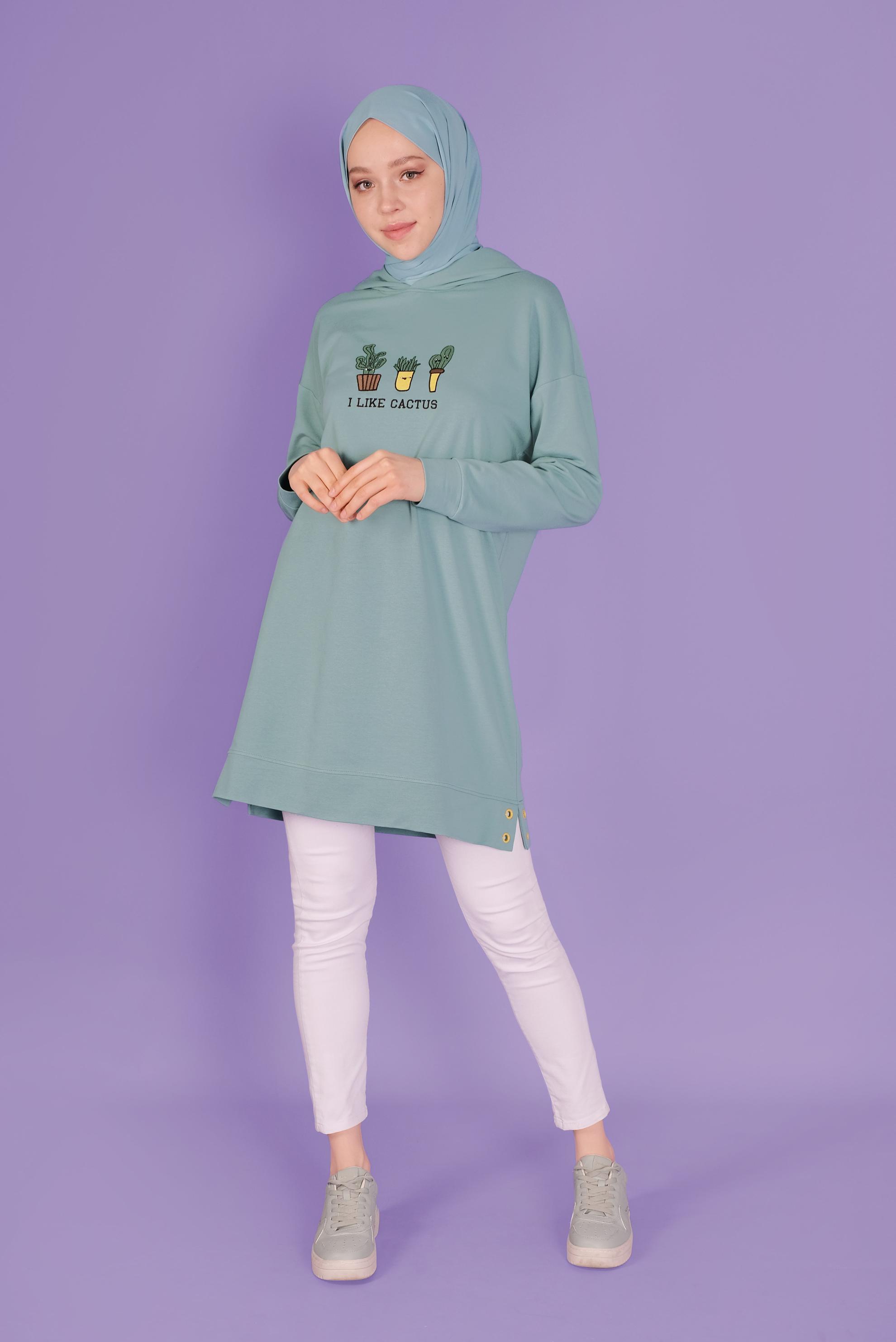 Tesettür giyim YEŞİL NAKIŞLI  EŞOFMAN TUNİK 41432 