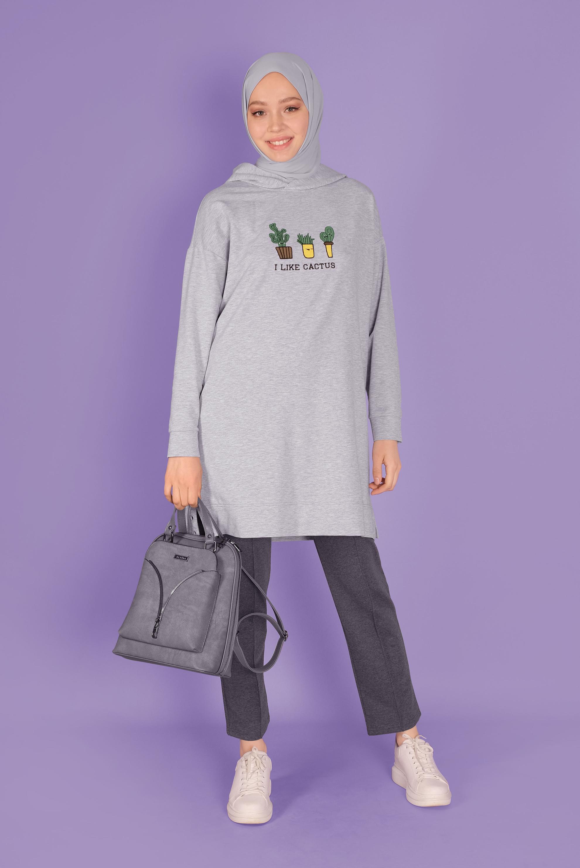 Tesettür giyim GRİ NAKIŞLI  EŞOFMAN TUNİK 41432 