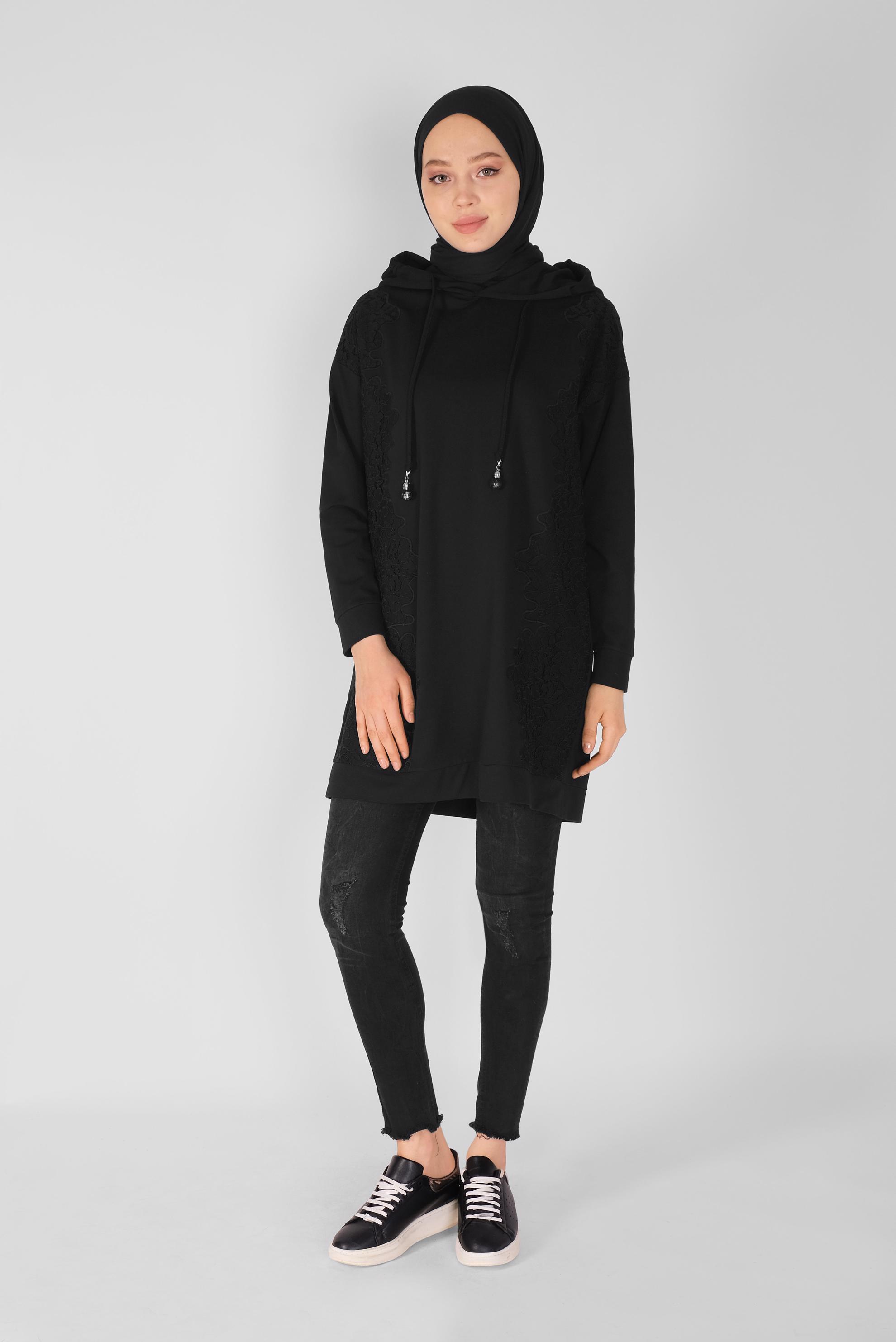 Tesettür giyim SİYAH DANTEL DESENLİ EŞOFMAN TUNİK 41433 