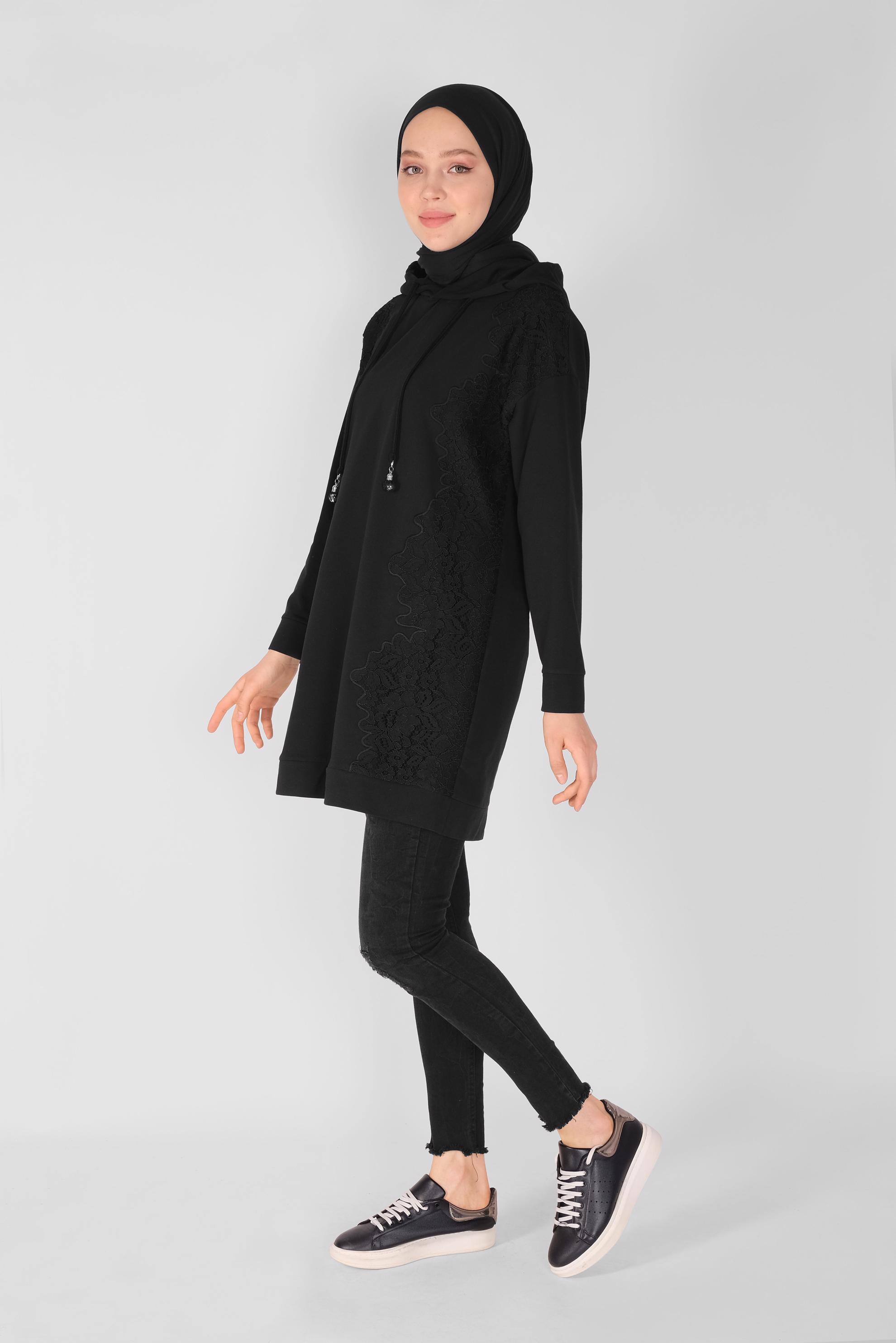 Tesettür giyim SİYAH DANTEL DESENLİ EŞOFMAN TUNİK 41433 