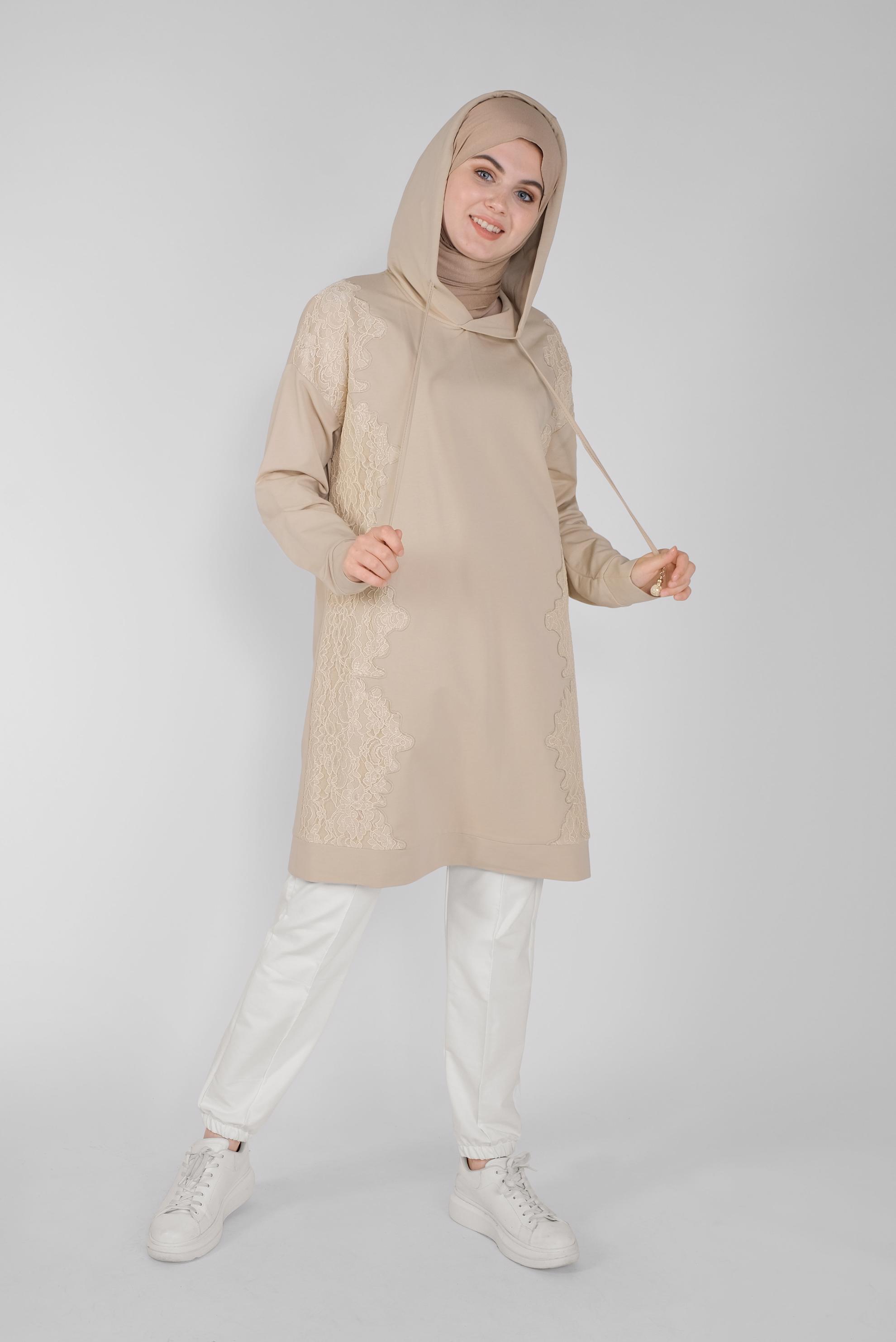 Tesettür giyim BEJ DANTEL DESENLİ EŞOFMAN TUNİK 41433 