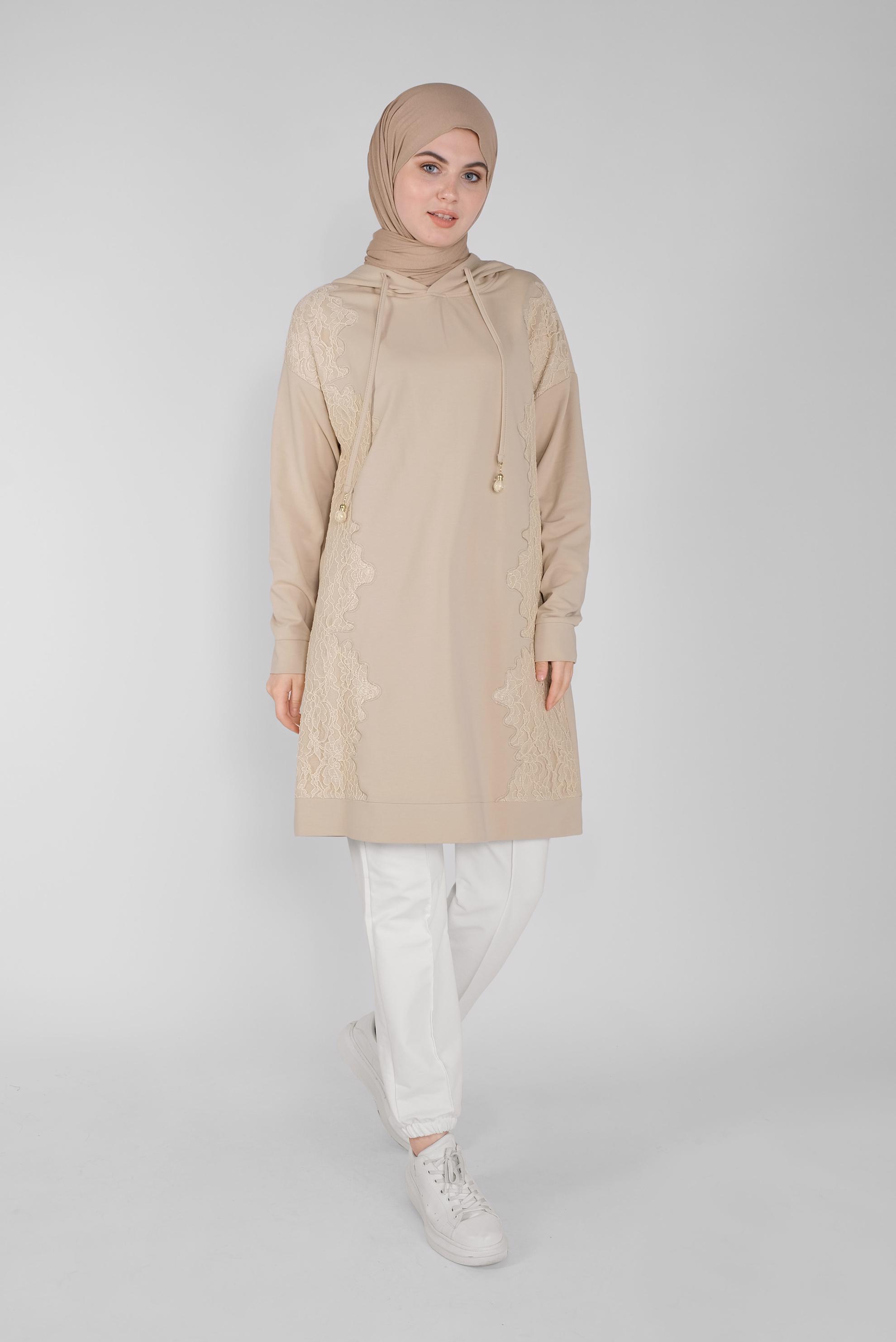 Tesettür giyim BEJ DANTEL DESENLİ EŞOFMAN TUNİK 41433 