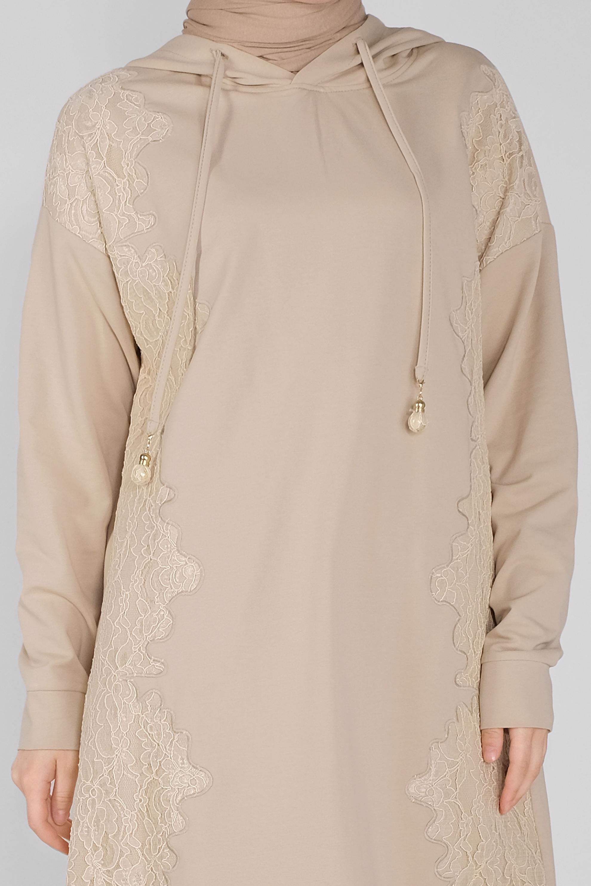 Tesettür giyim BEJ DANTEL DESENLİ EŞOFMAN TUNİK 41433 