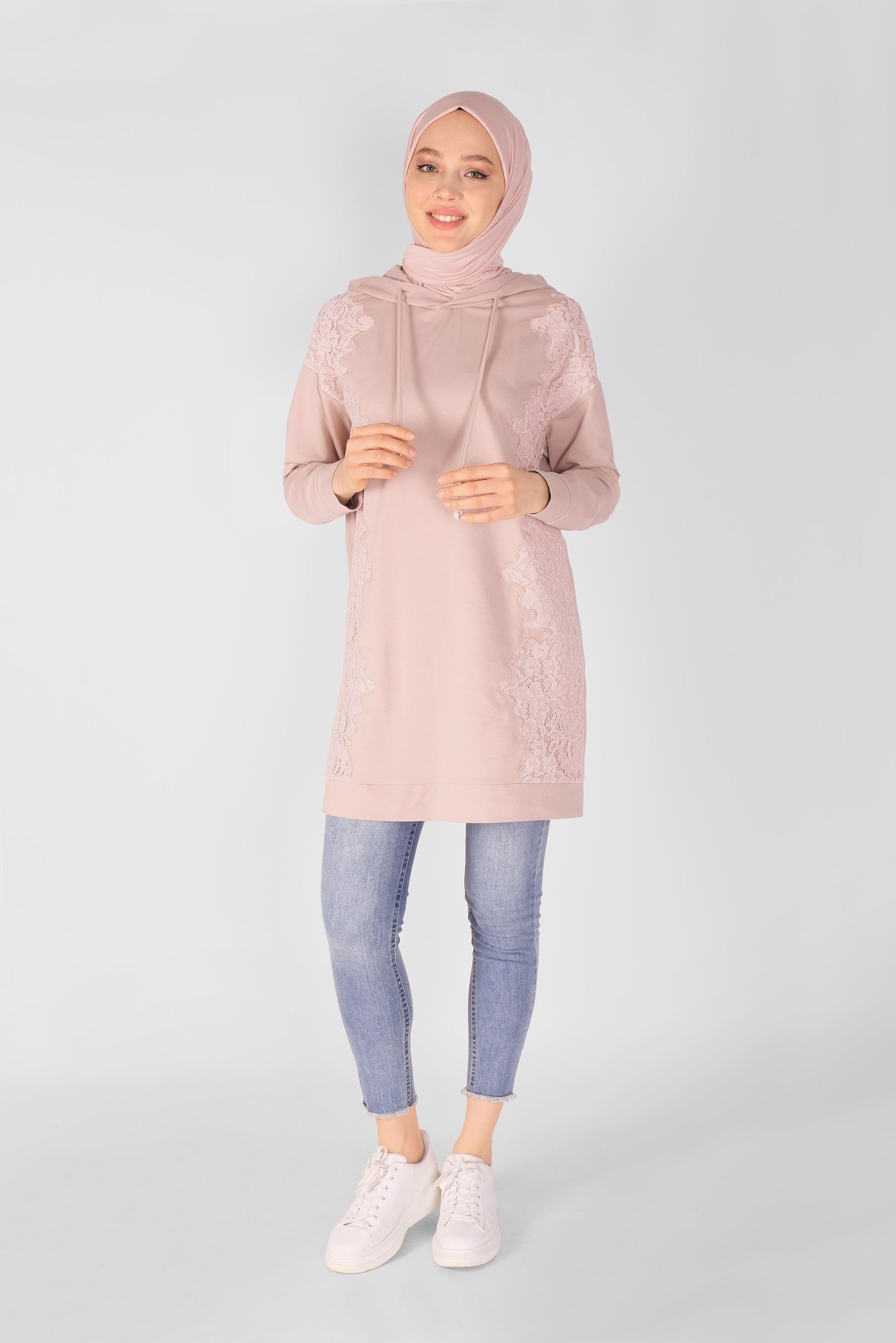 Tesettür giyim PUDRA DANTEL DESENLİ EŞOFMAN TUNİK 41433 