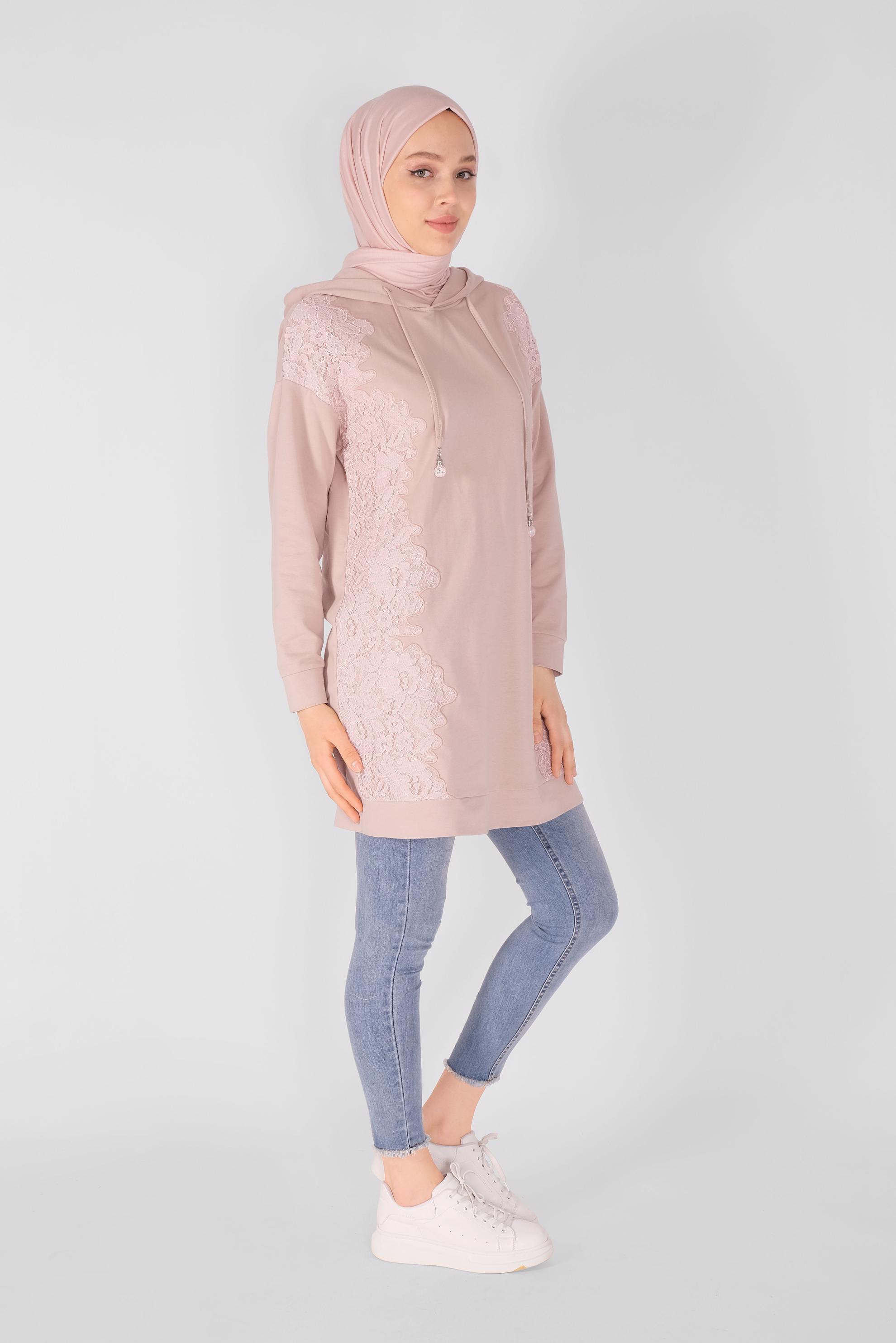 Tesettür giyim PUDRA DANTEL DESENLİ EŞOFMAN TUNİK 41433 
