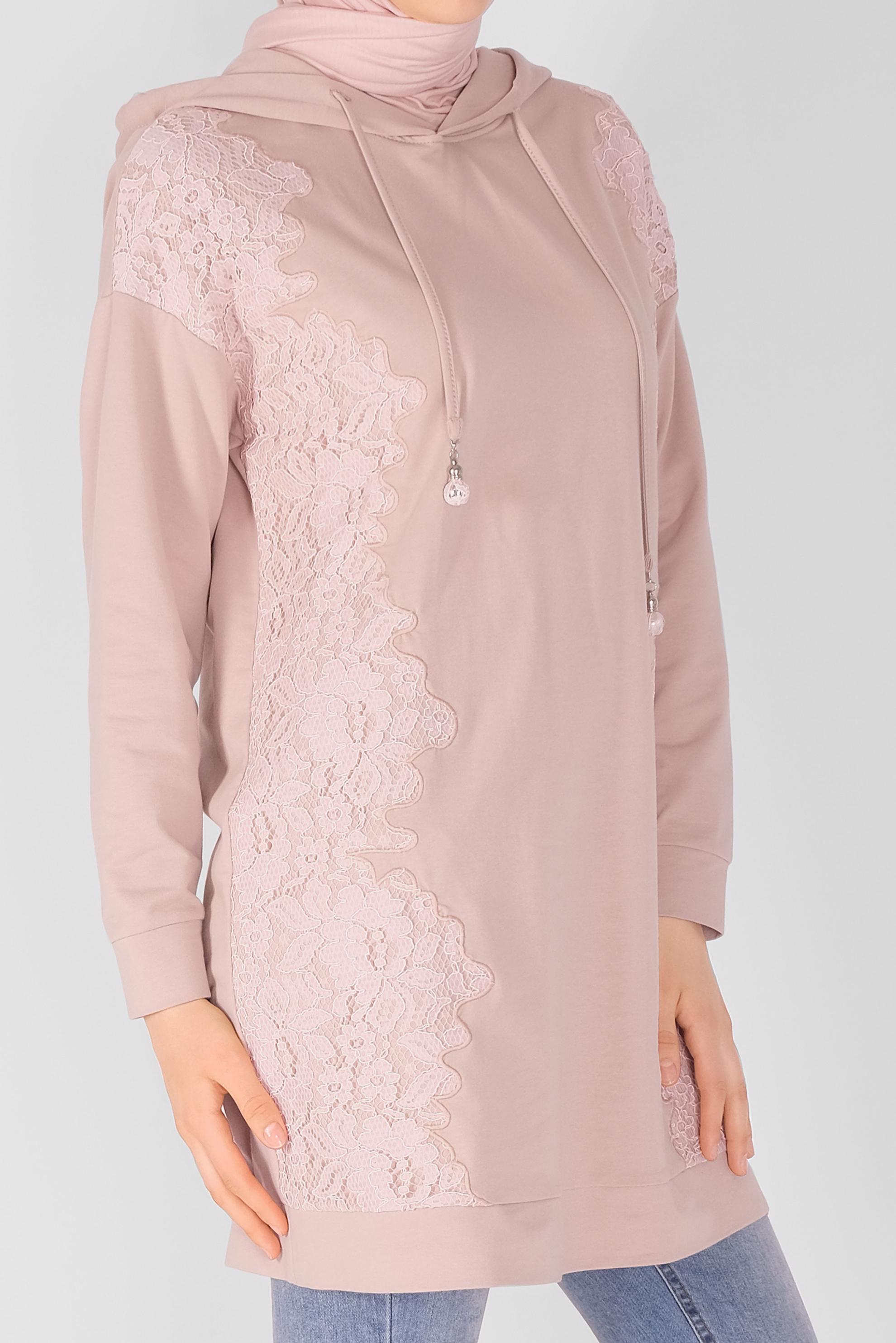 Tesettür giyim PUDRA DANTEL DESENLİ EŞOFMAN TUNİK 41433 