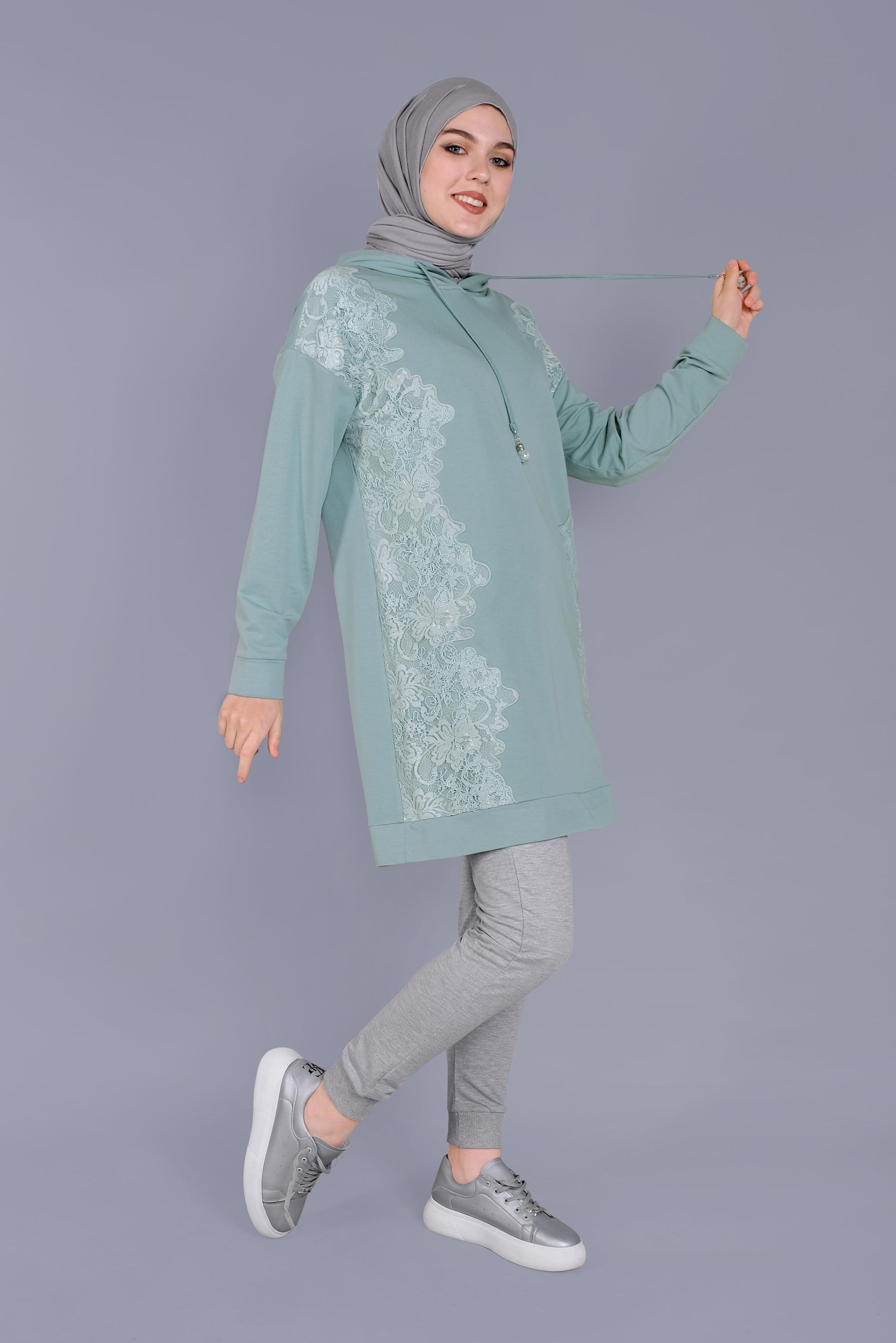 Tesettür giyim YEŞİL DANTEL DESENLİ EŞOFMAN TUNİK 41433 
