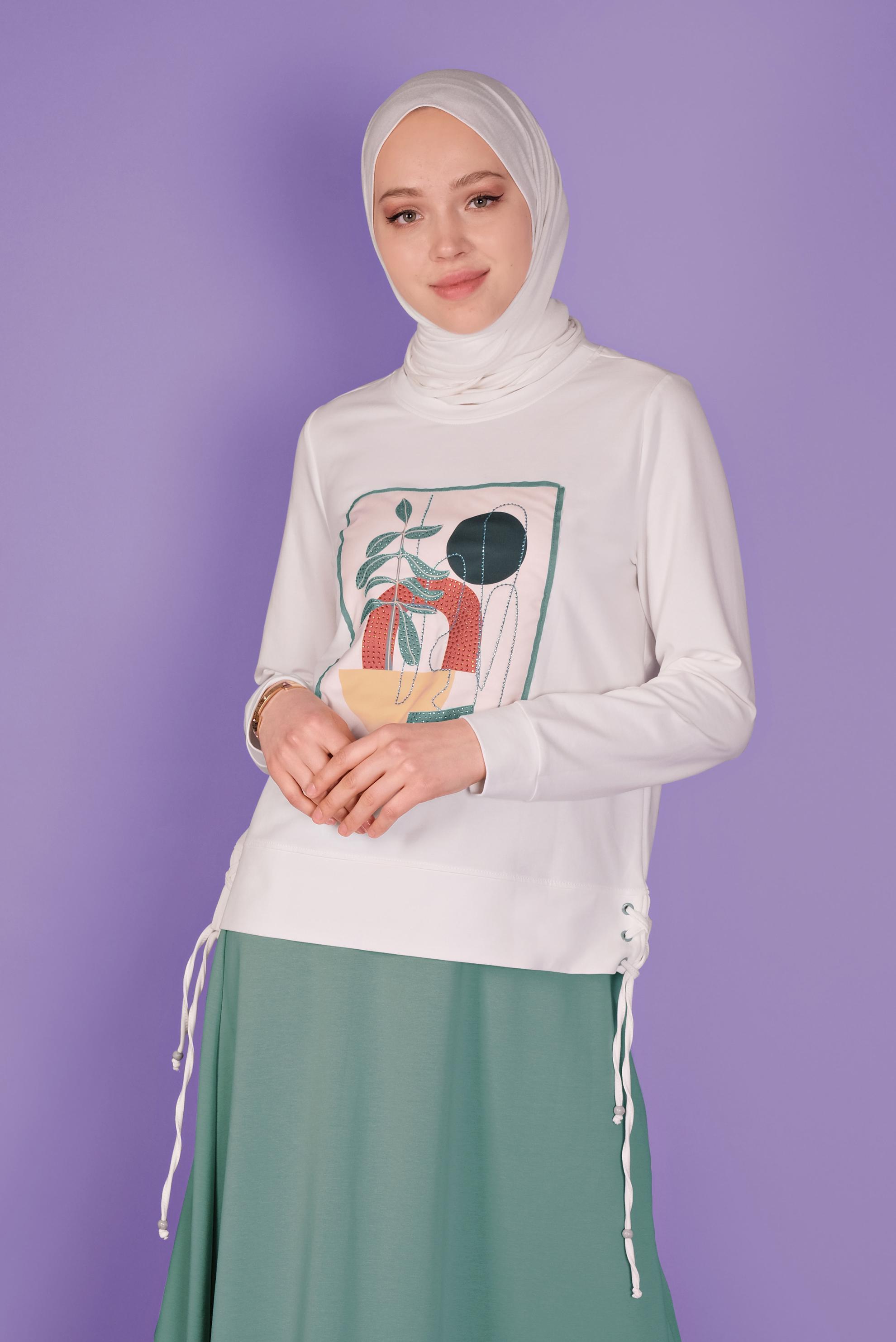 Tesettür giyim YEŞİL BASKILI ETEKLİ EŞOFMAN TAKIM 41434 