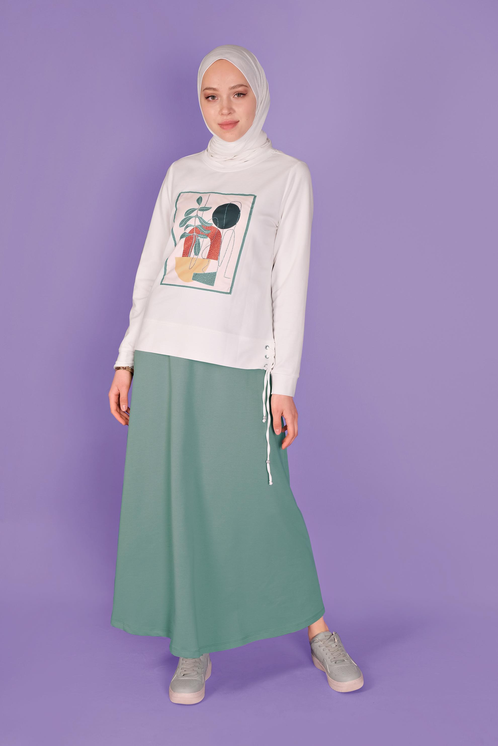 Tesettür giyim YEŞİL BASKILI ETEKLİ EŞOFMAN TAKIM 41434 