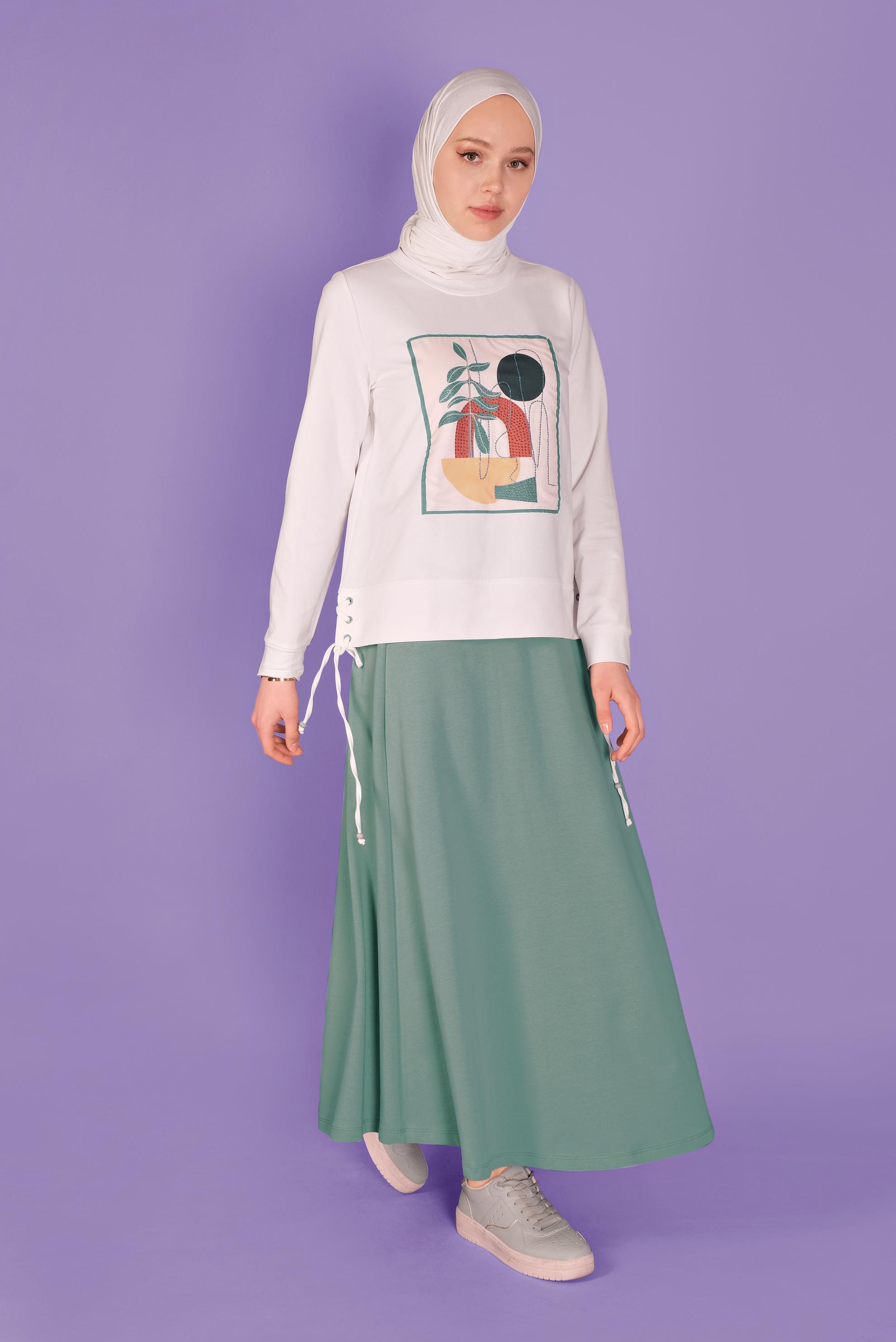 Tesettür giyim YEŞİL BASKILI ETEKLİ EŞOFMAN TAKIM 41434 