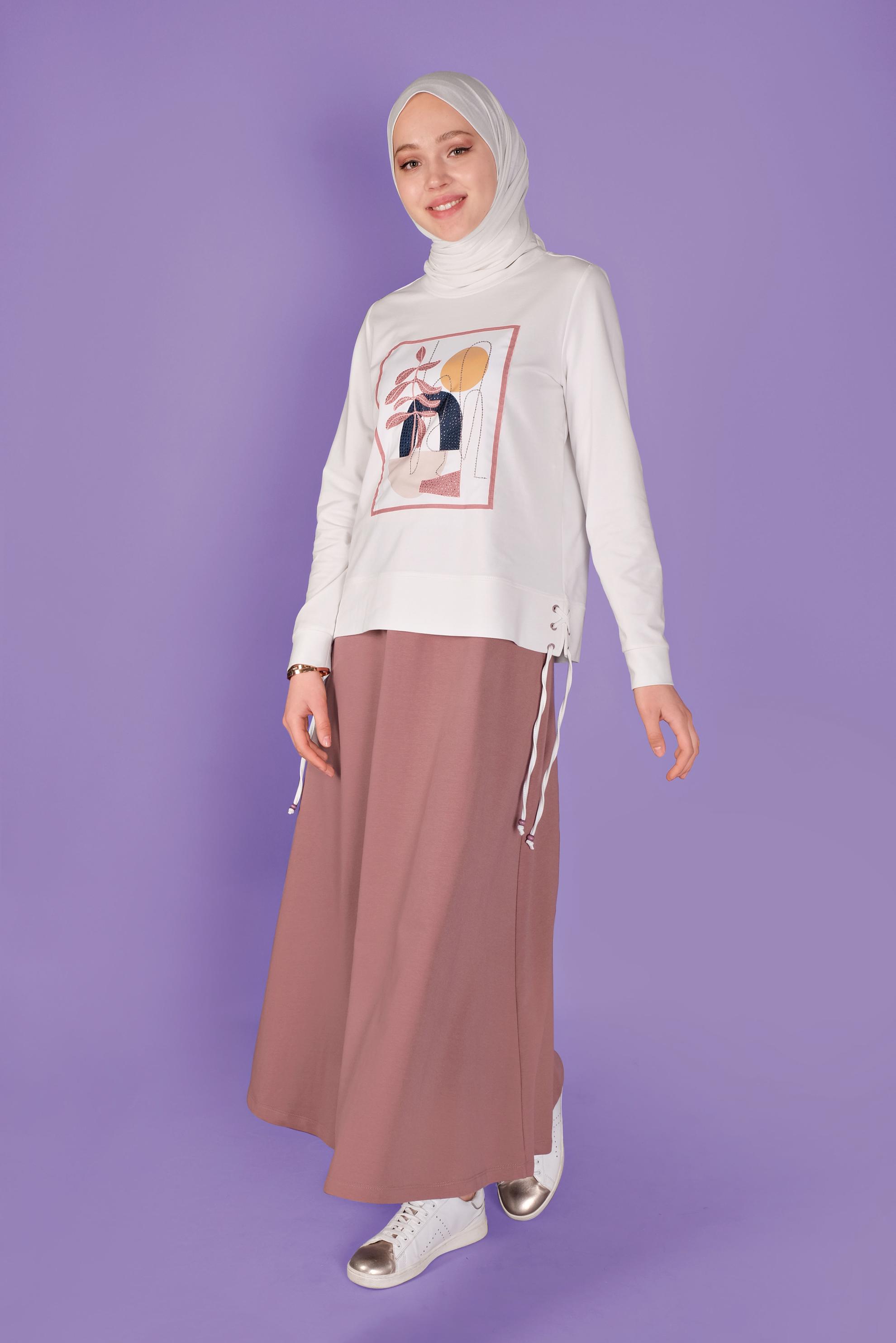 Tesettür giyim PEMBE BASKILI ETEKLİ EŞOFMAN TAKIM 41434 