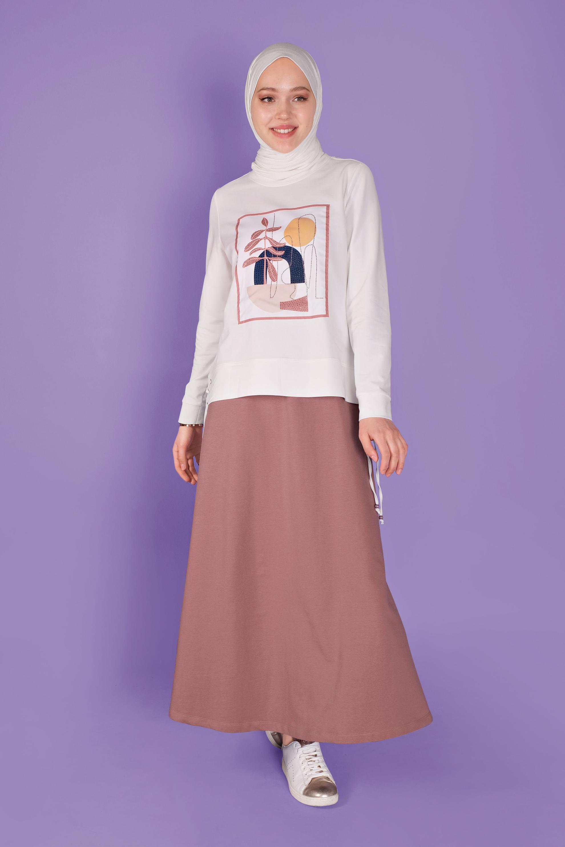 Tesettür giyim PEMBE BASKILI ETEKLİ EŞOFMAN TAKIM 41434 