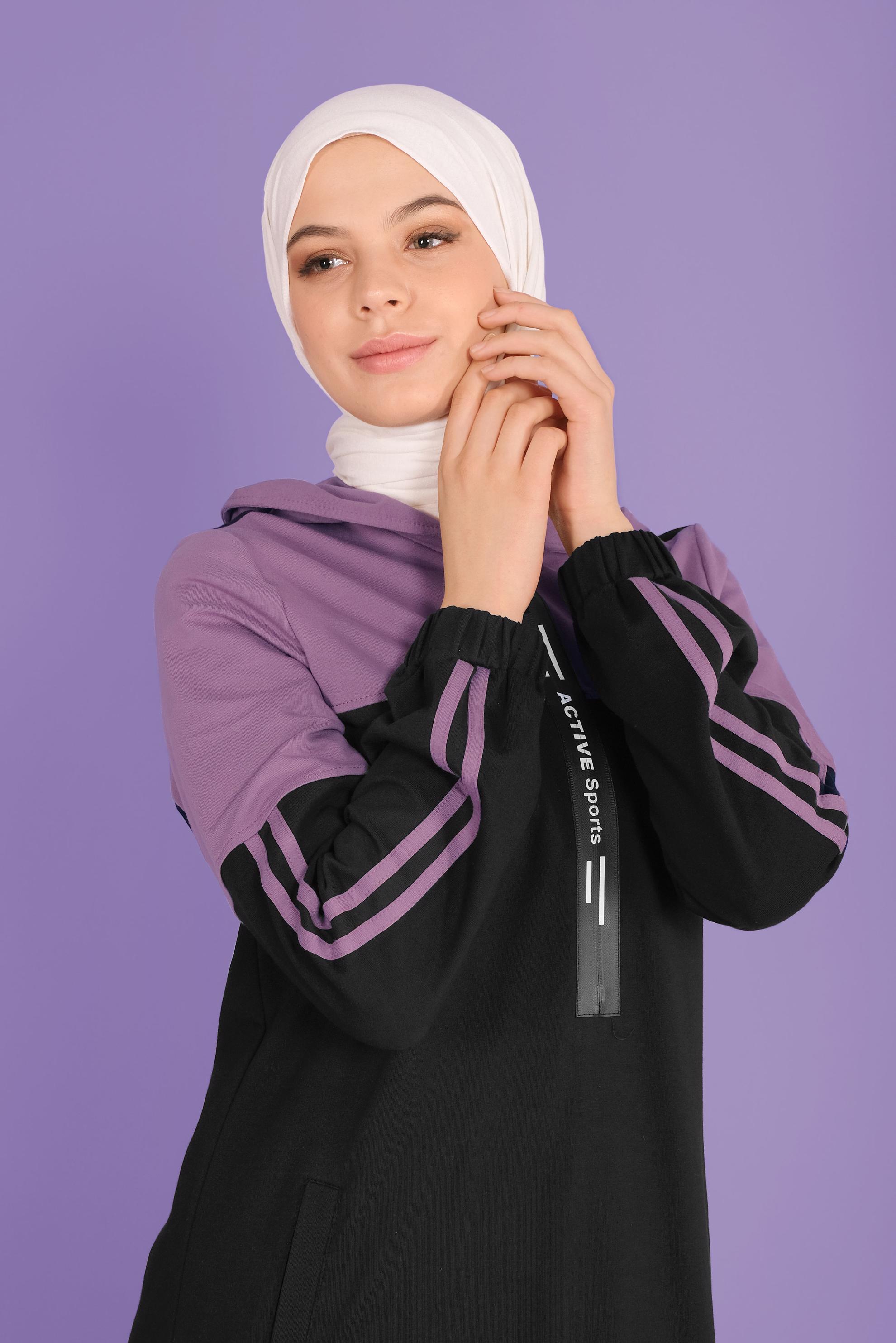 Tesettür giyim MOR ŞERİTLİ KAPÜŞONLU  EŞOFMAN ELBİSE 41435 