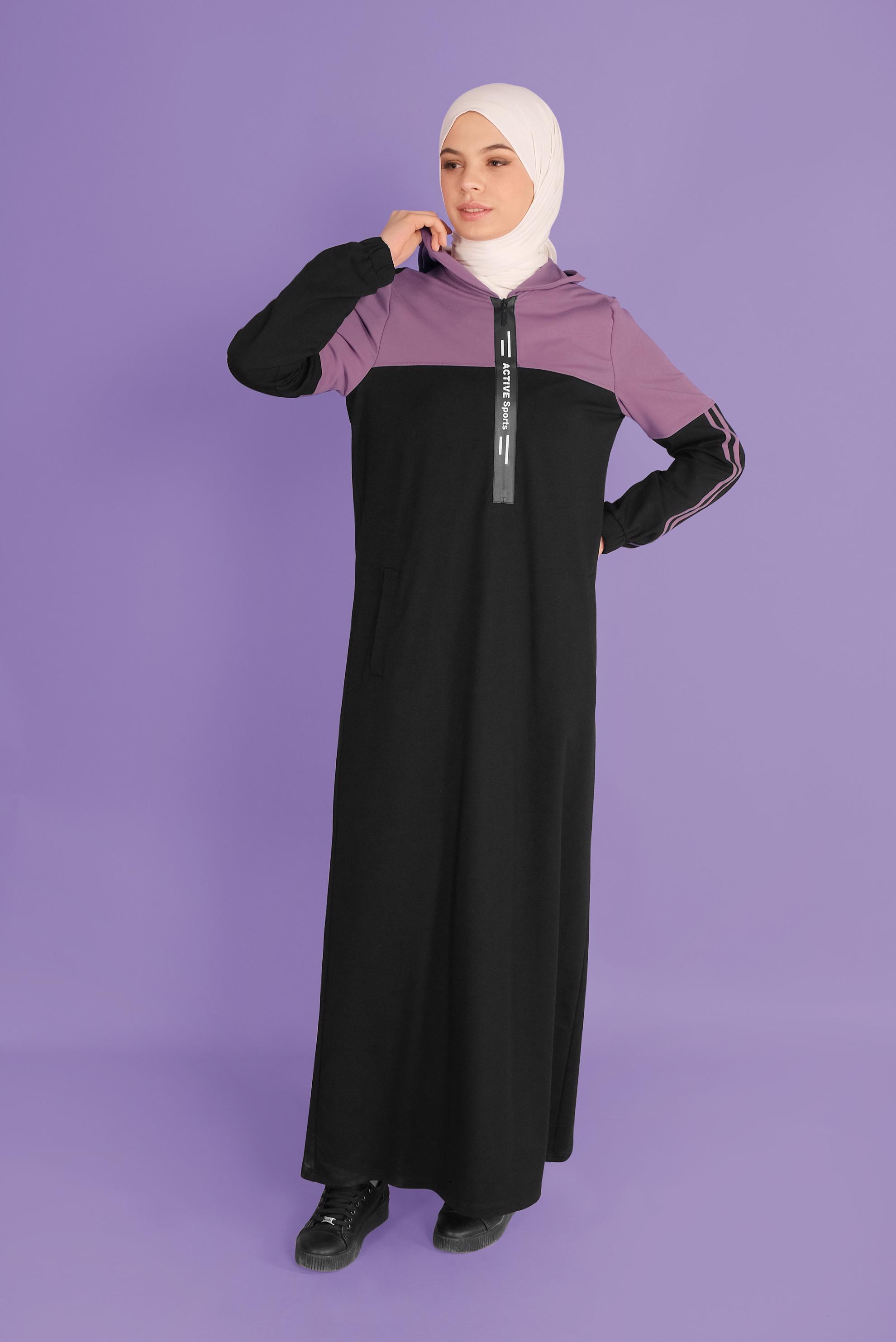 Tesettür giyim MOR ŞERİTLİ KAPÜŞONLU  EŞOFMAN ELBİSE 41435 