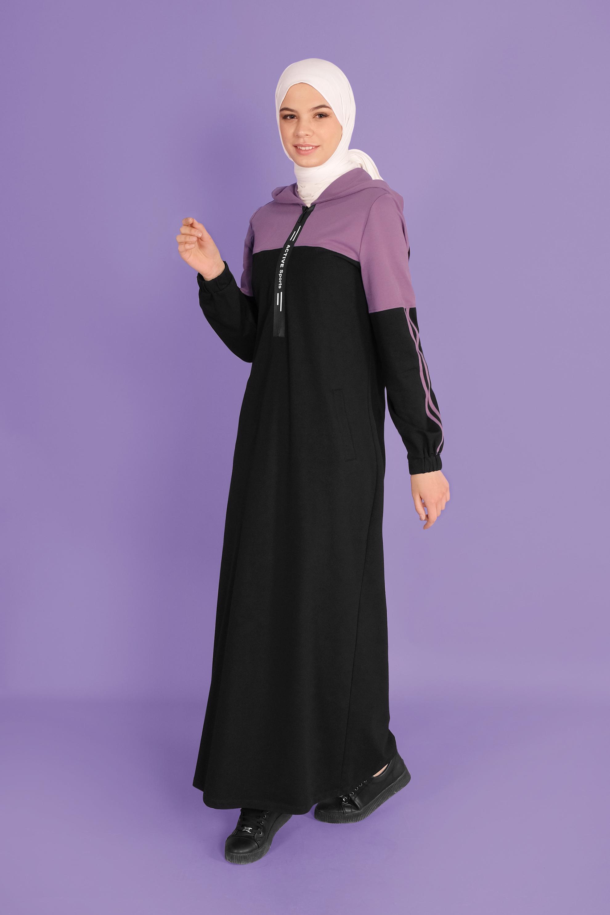Tesettür giyim MOR ŞERİTLİ KAPÜŞONLU  EŞOFMAN ELBİSE 41435 