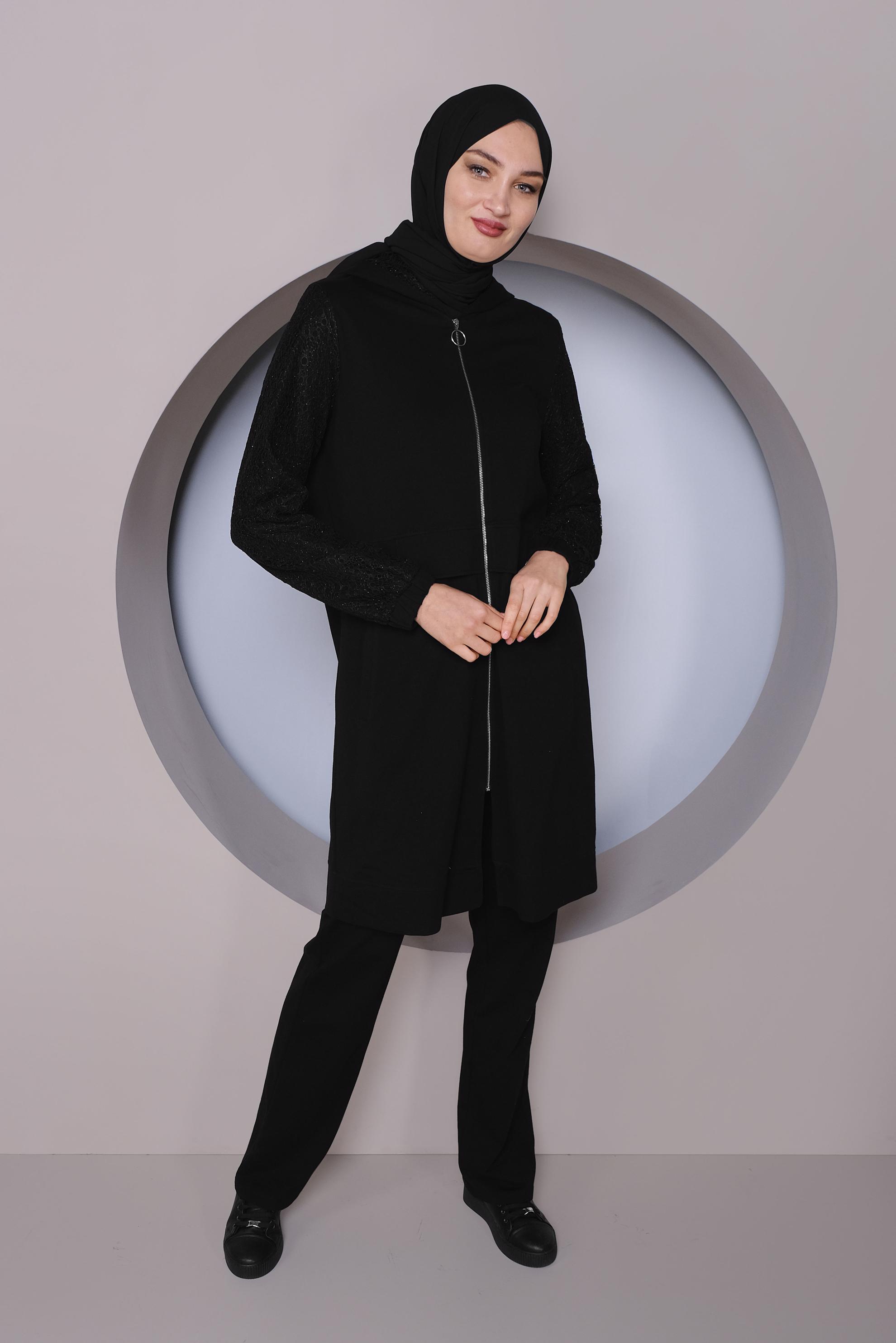 Hijab clothing BLACK GUIPURE DETAIL 2-PIECE TRACKSUIT SET WITH PANTS 41436 