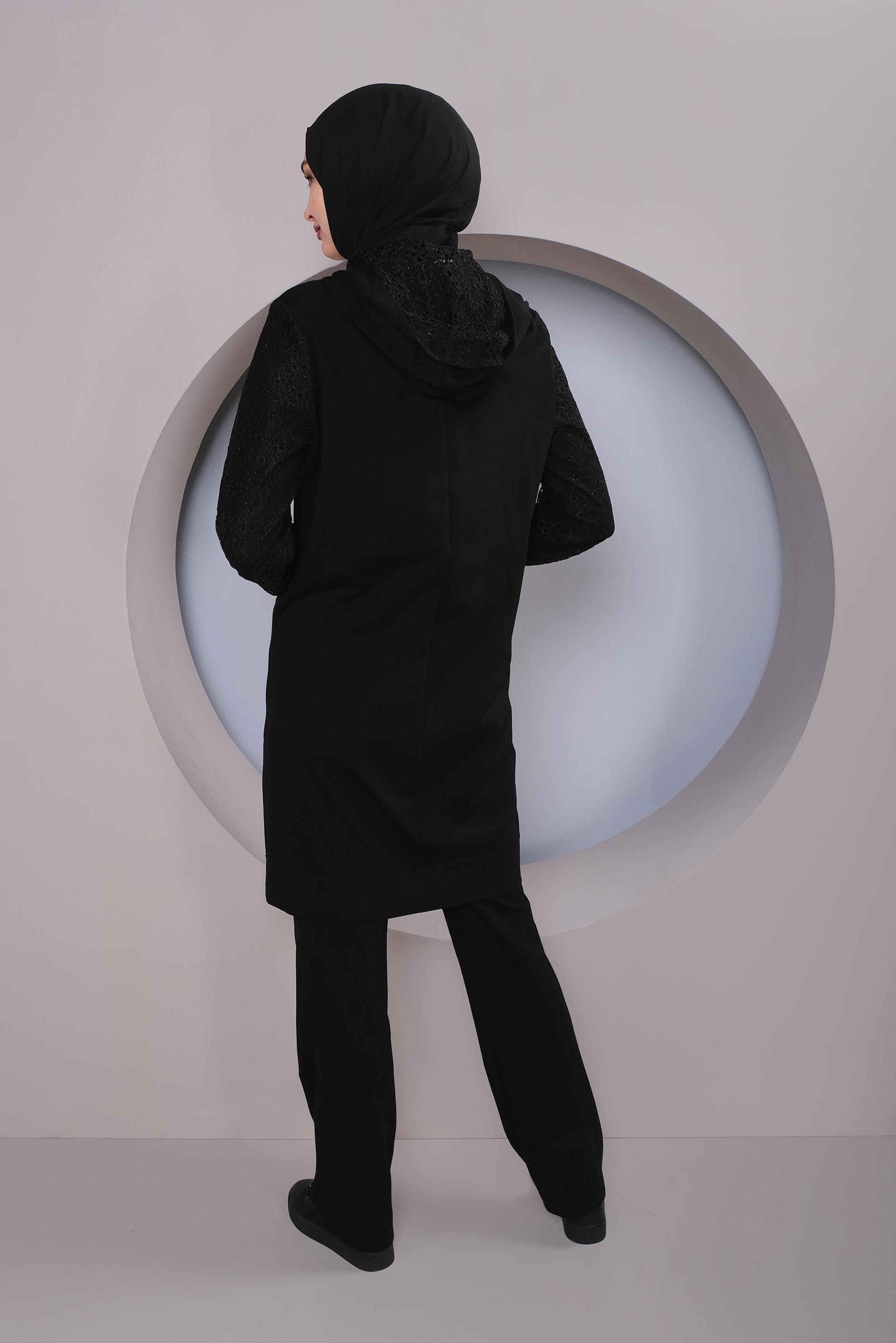 Hijab clothing BLACK GUIPURE DETAIL 2-PIECE TRACKSUIT SET WITH PANTS 41436 